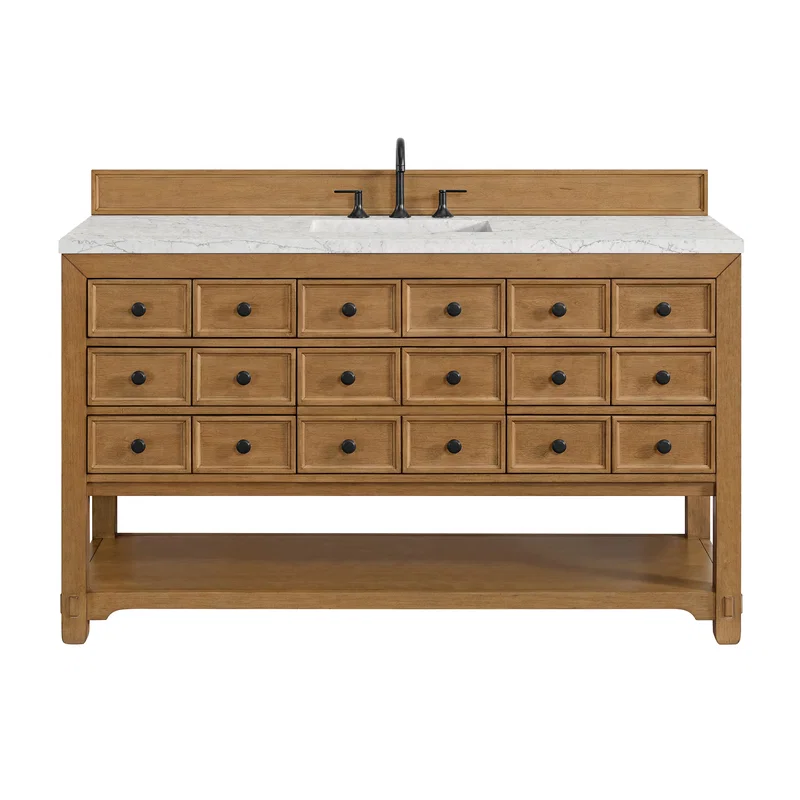 Malibu 60" Single Vanity, Amber Birch w/ 3 CM Eternal Jasmine Pearl Top w/ FreePower Wireless Charger