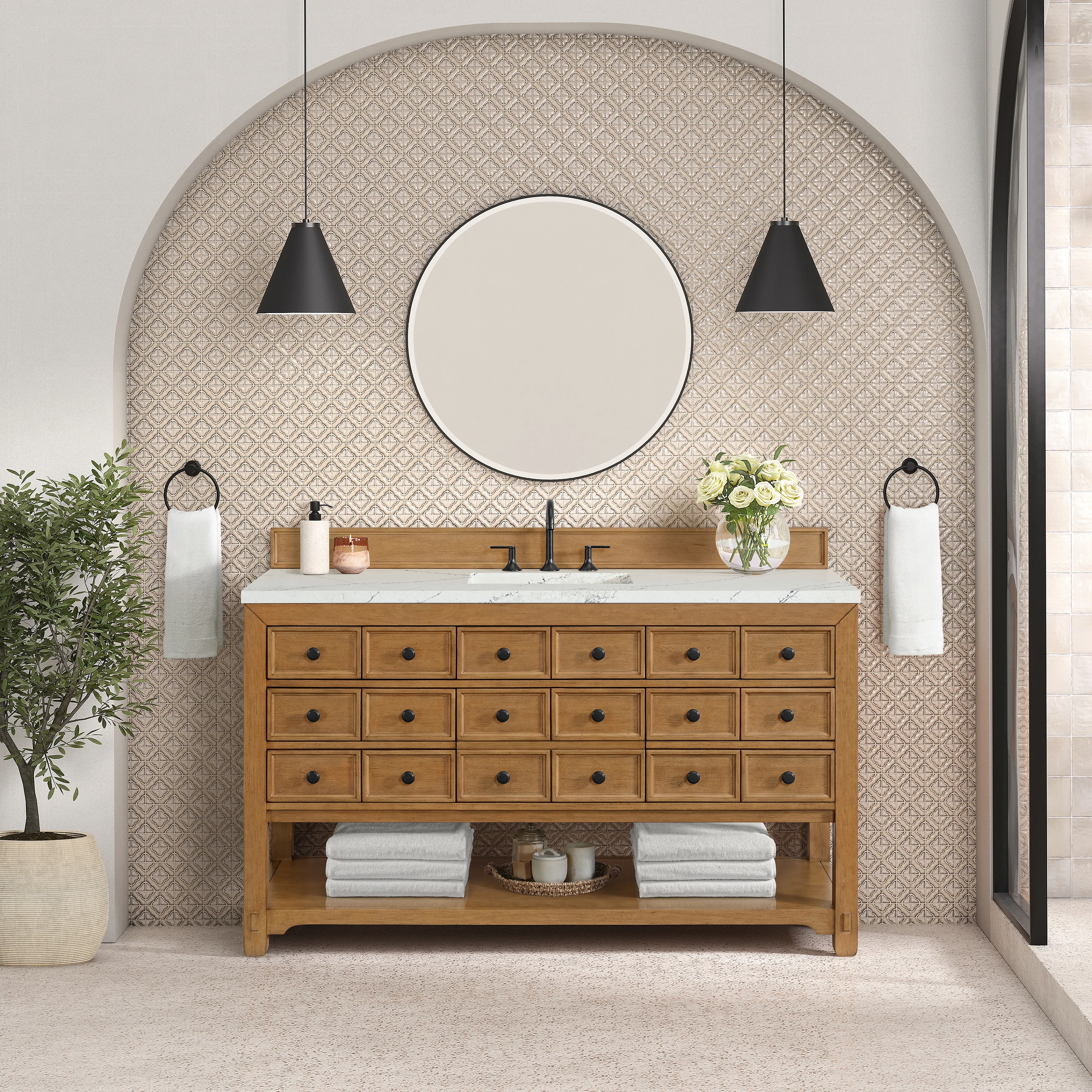 Malibu 60" Single Vanity, Amber Birch w/ 3 CM Ethereal Noctis Top w/ FreePower Wireless Charger