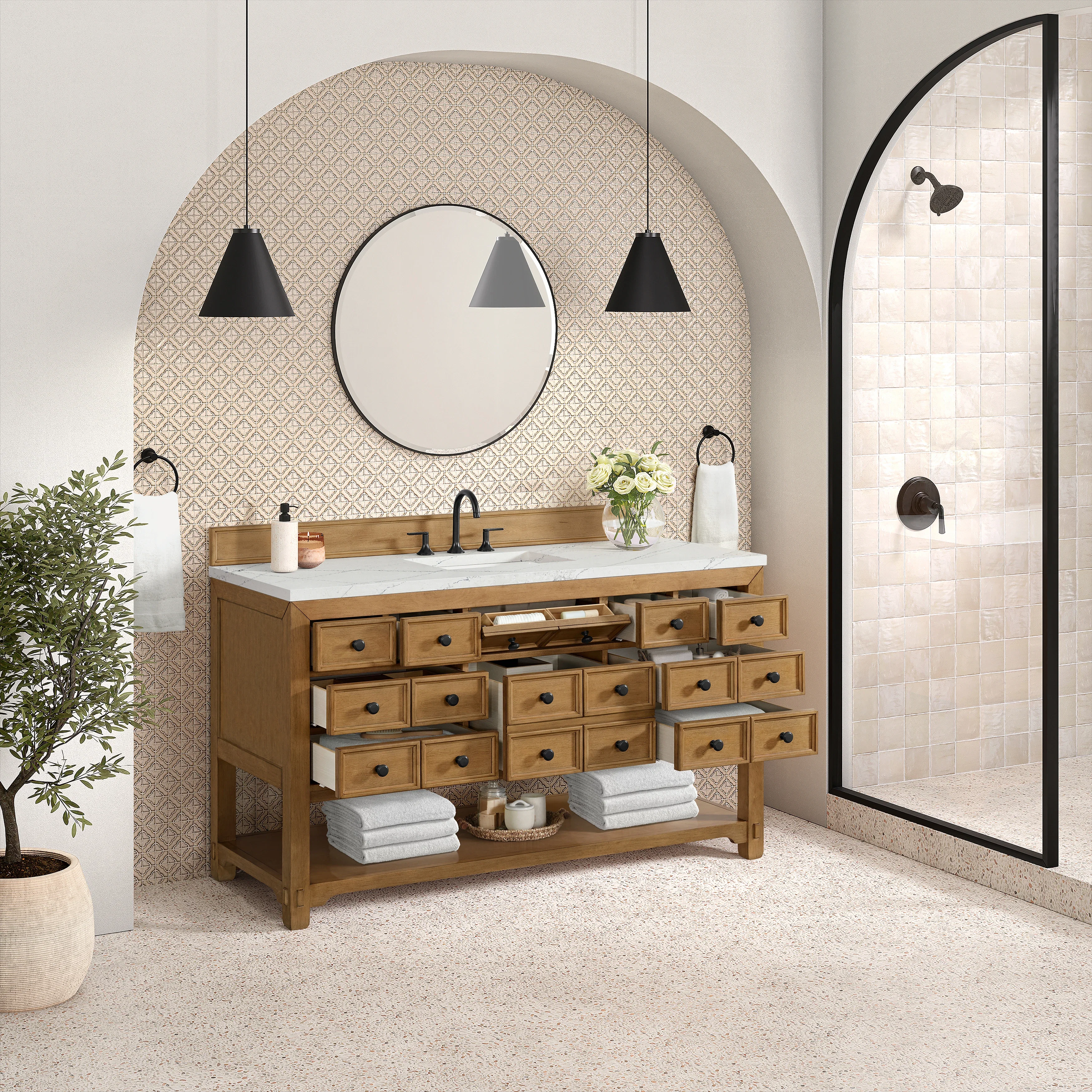 Malibu 60" Single Vanity, Amber Birch w/ 3 CM Ethereal Noctis Top w/ FreePower Wireless Charger