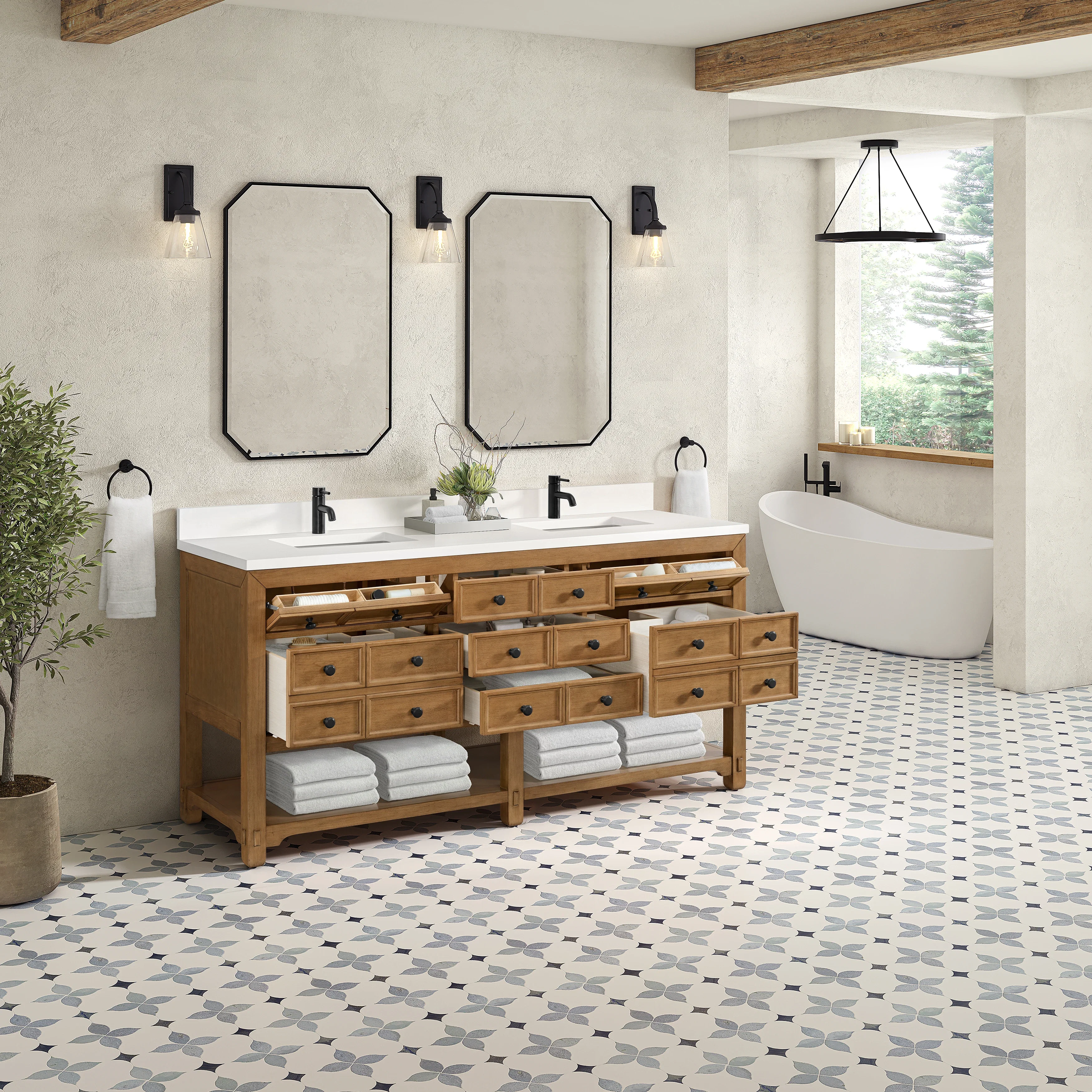 Malibu 72" Double Vanity, Amber Birch w/ Single Hole 3 CM White Zeus Top & Backsplash