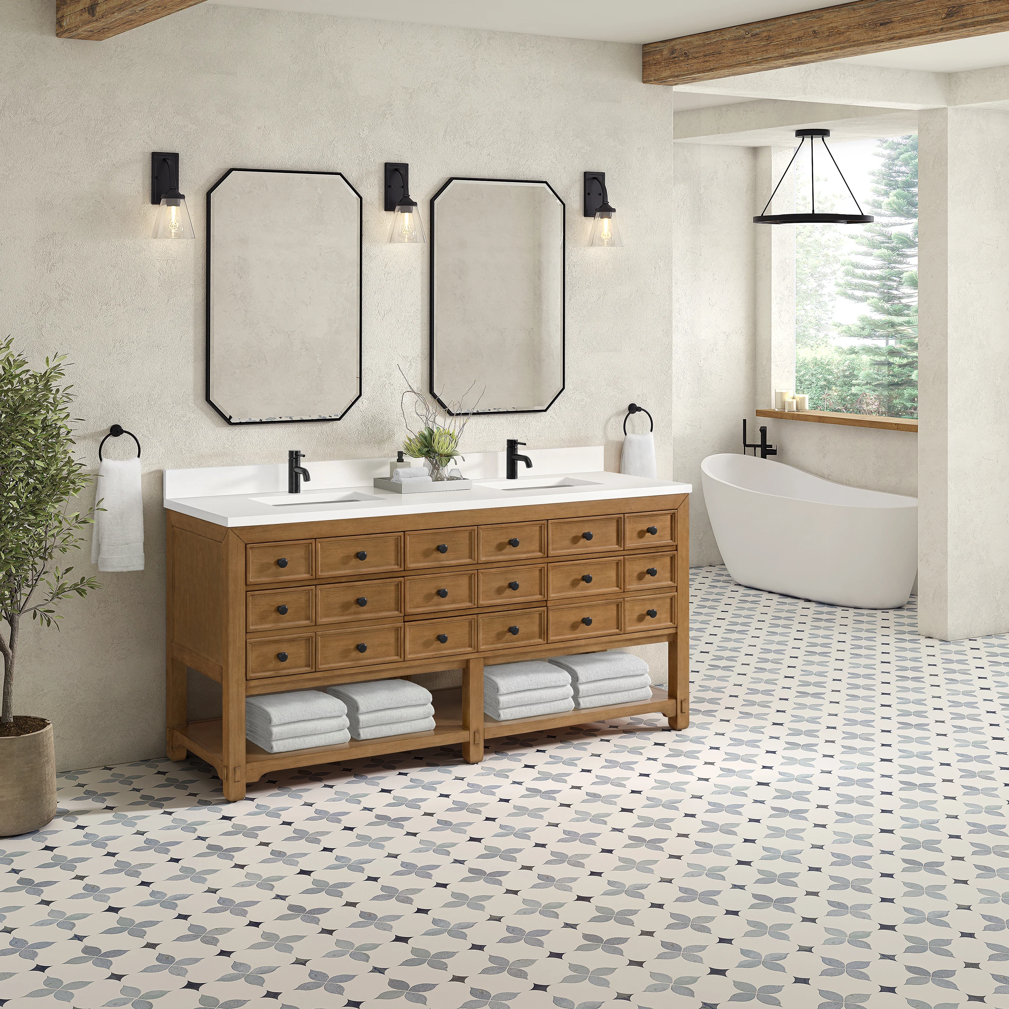 Malibu 72" Double Vanity, Amber Birch w/ Single Hole 3 CM White Zeus Top & Backsplash