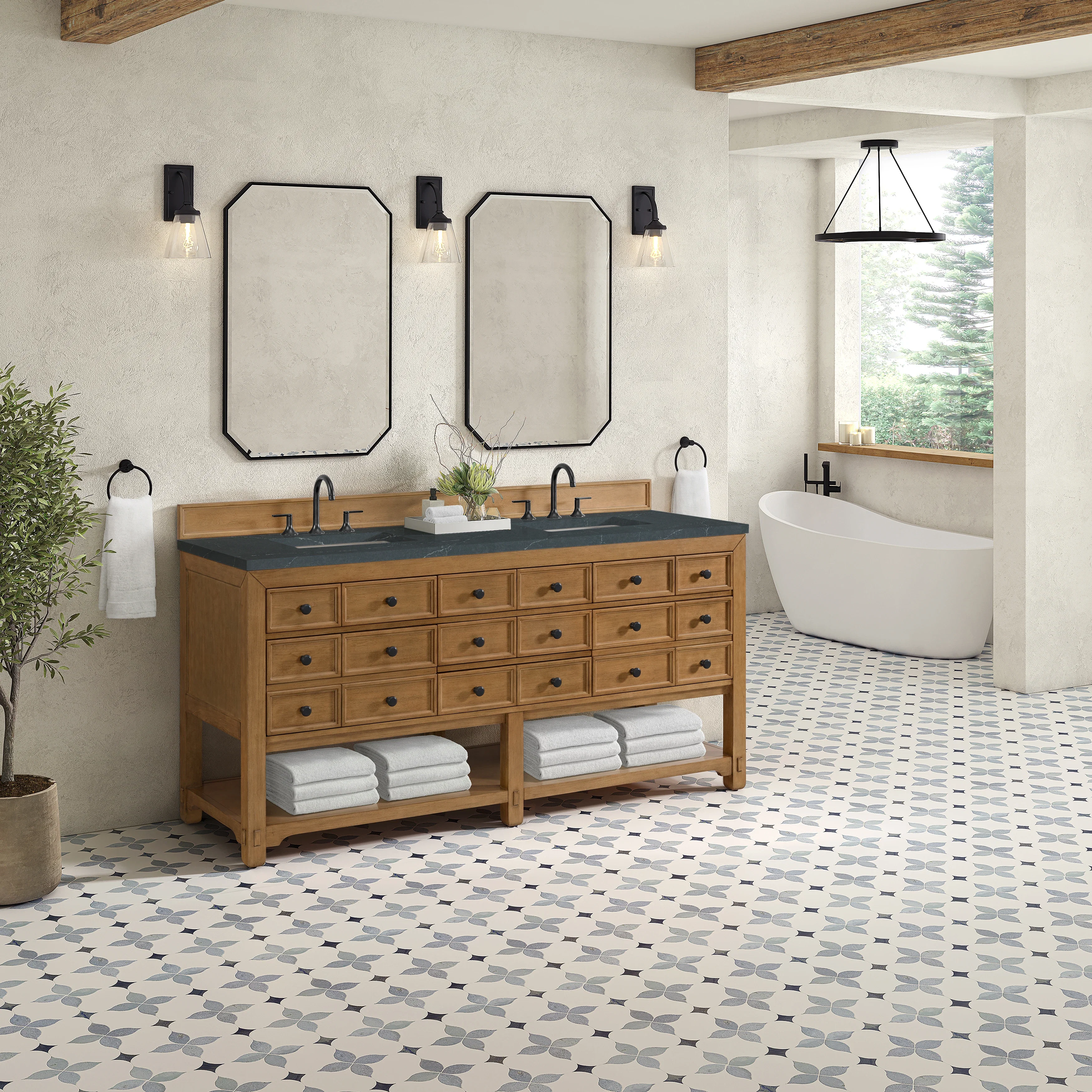 Malibu 72" Double Vanity, Amber Birch w/ 3 CM Charcoal Soapstone Top