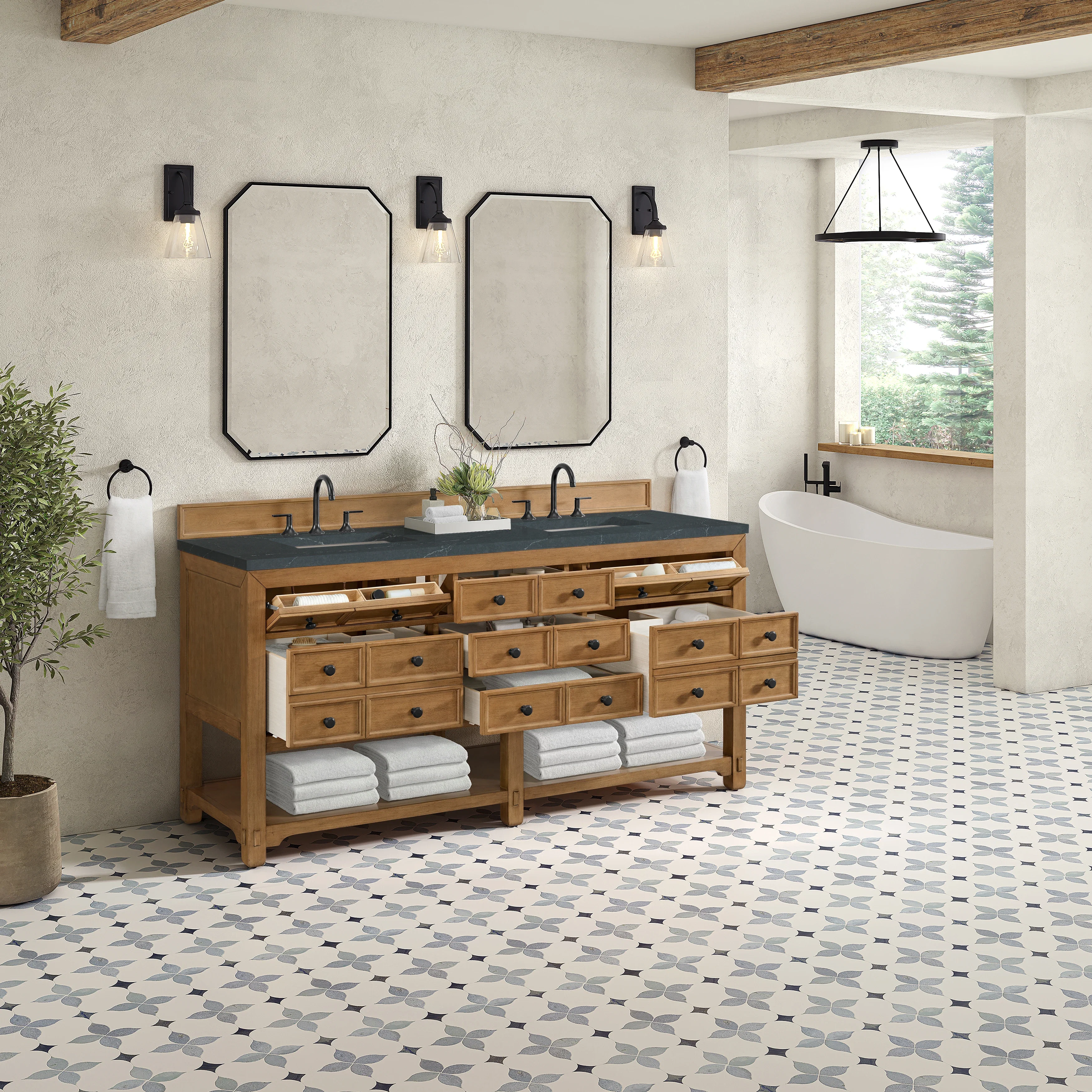 Malibu 72" Double Vanity, Amber Birch w/ 3 CM Charcoal Soapstone Top