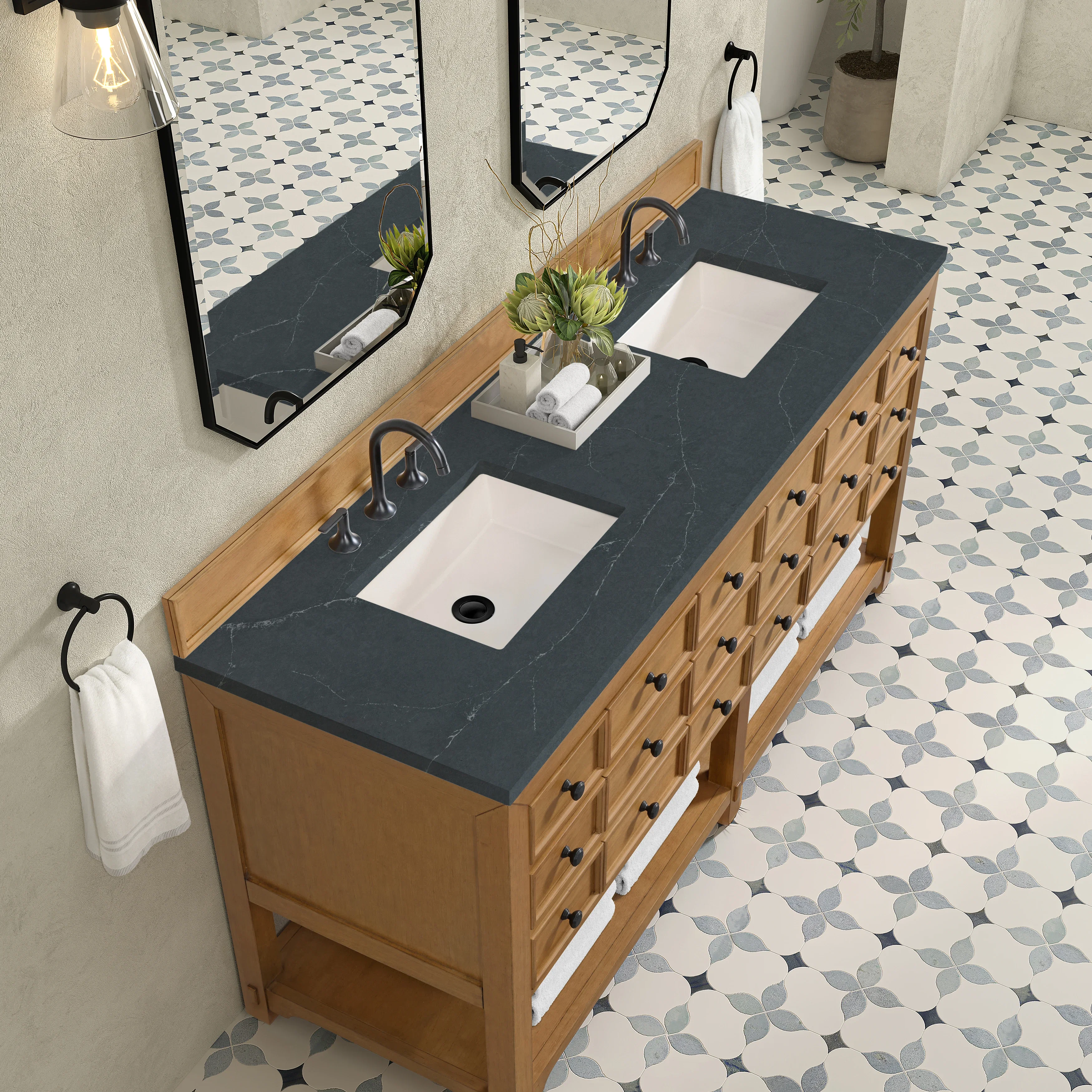 Malibu 72" Double Vanity, Amber Birch w/ 3 CM Charcoal Soapstone Top