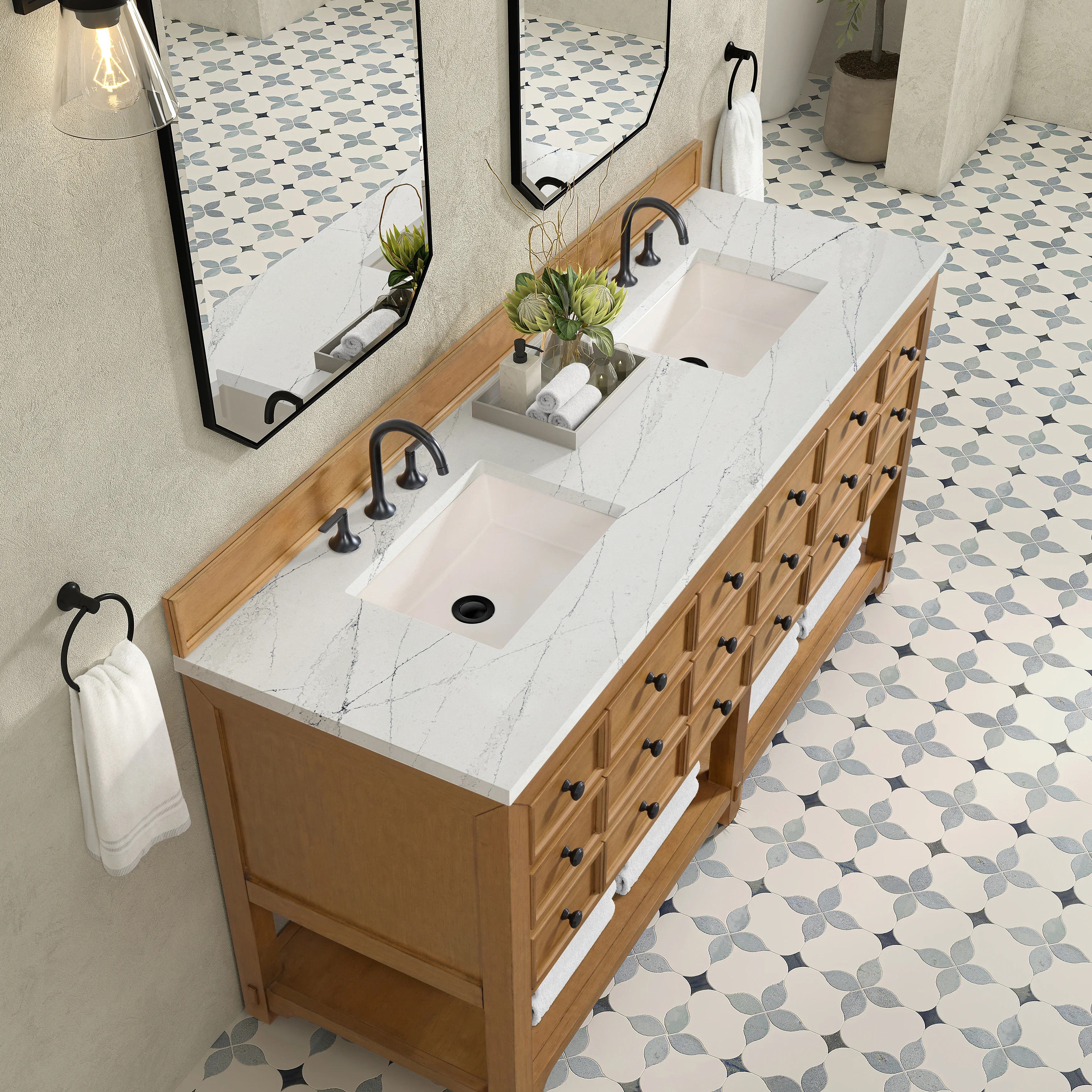 Malibu 72" Double Vanity, Amber Birch w/ 3 CM Ethereal Noctis Top