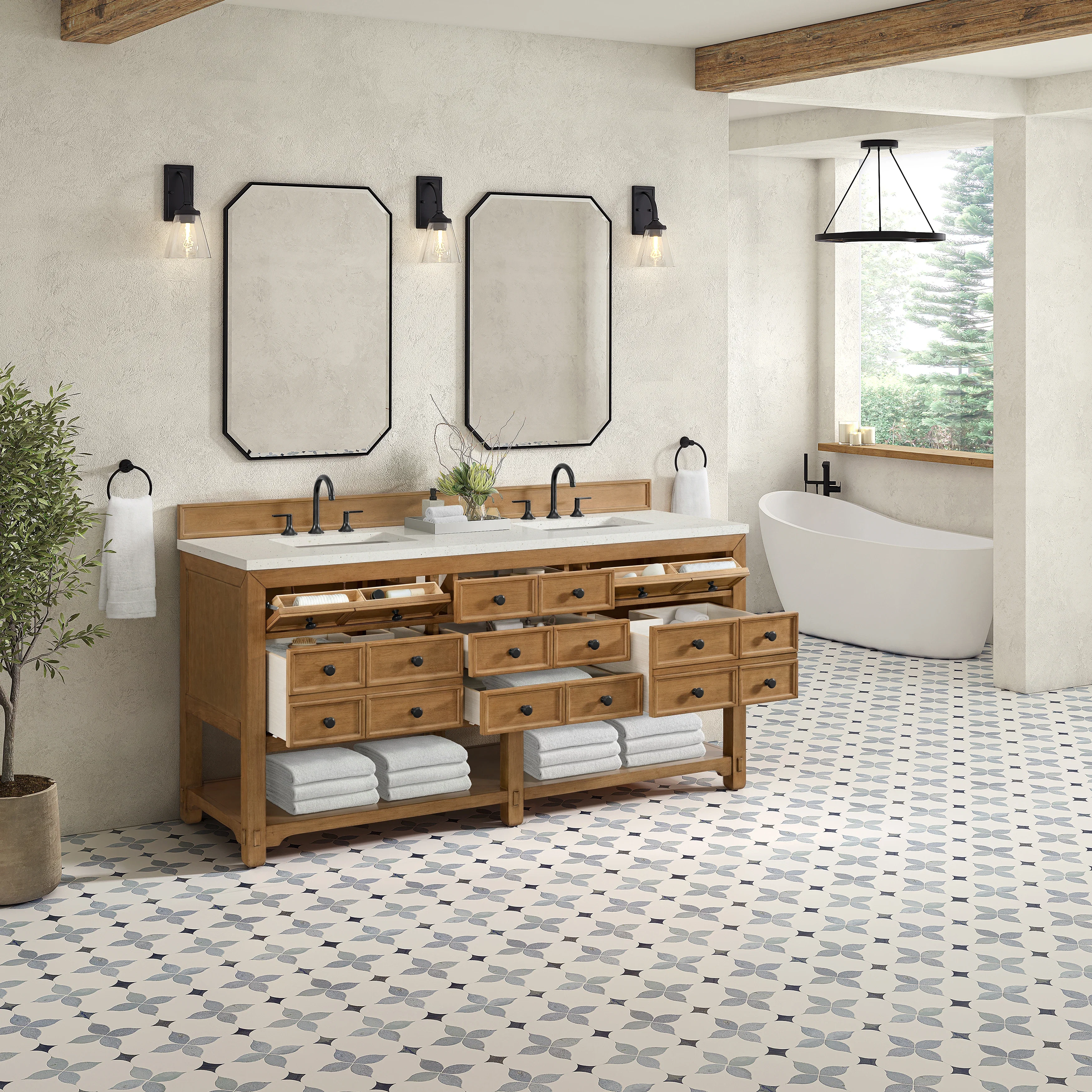 Malibu 72" Double Vanity, Amber Birch w/ 3 CM Lime Delight Top
