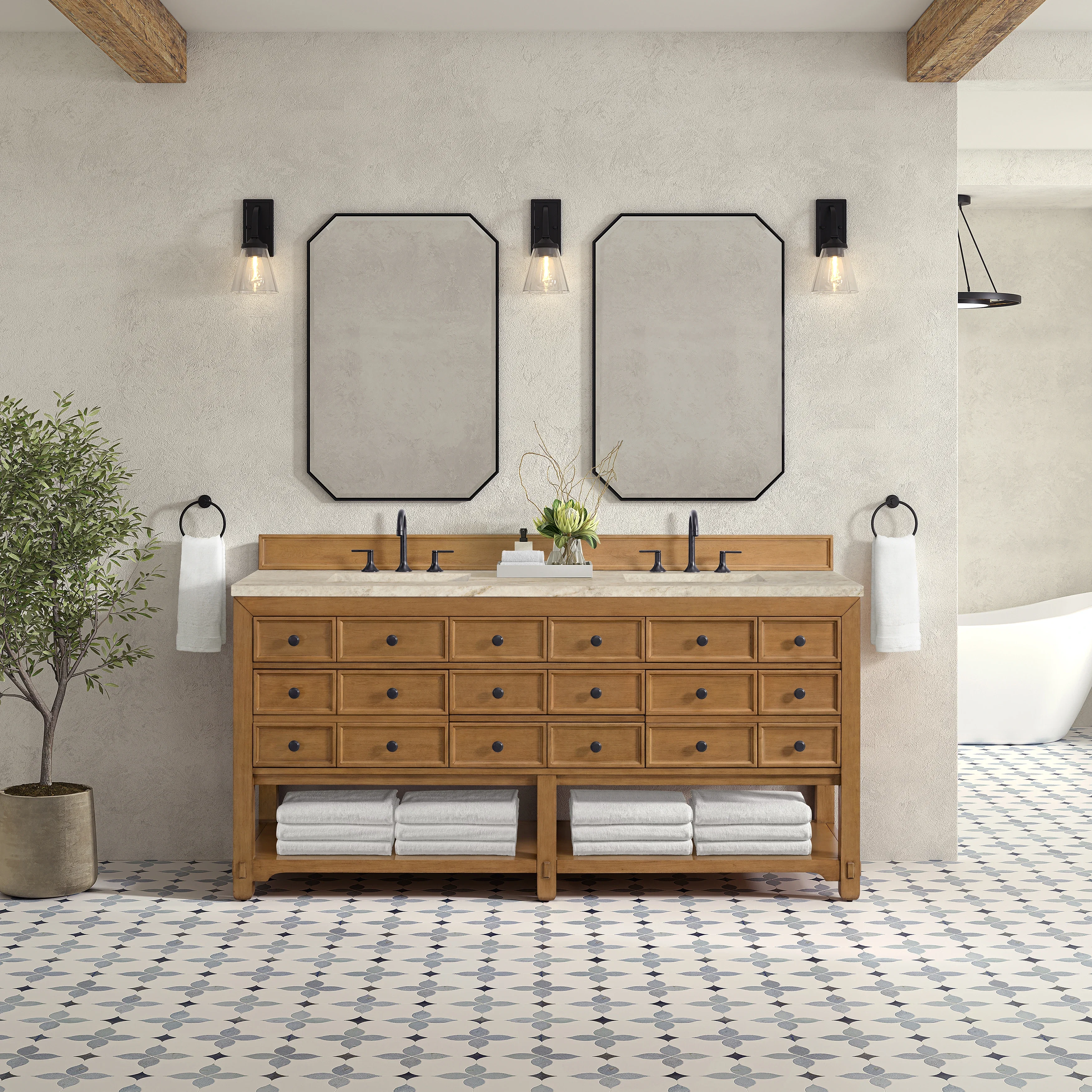 Malibu 72" Double Vanity, Amber Birch, w/ 3 CM Tajnar Eclos Top