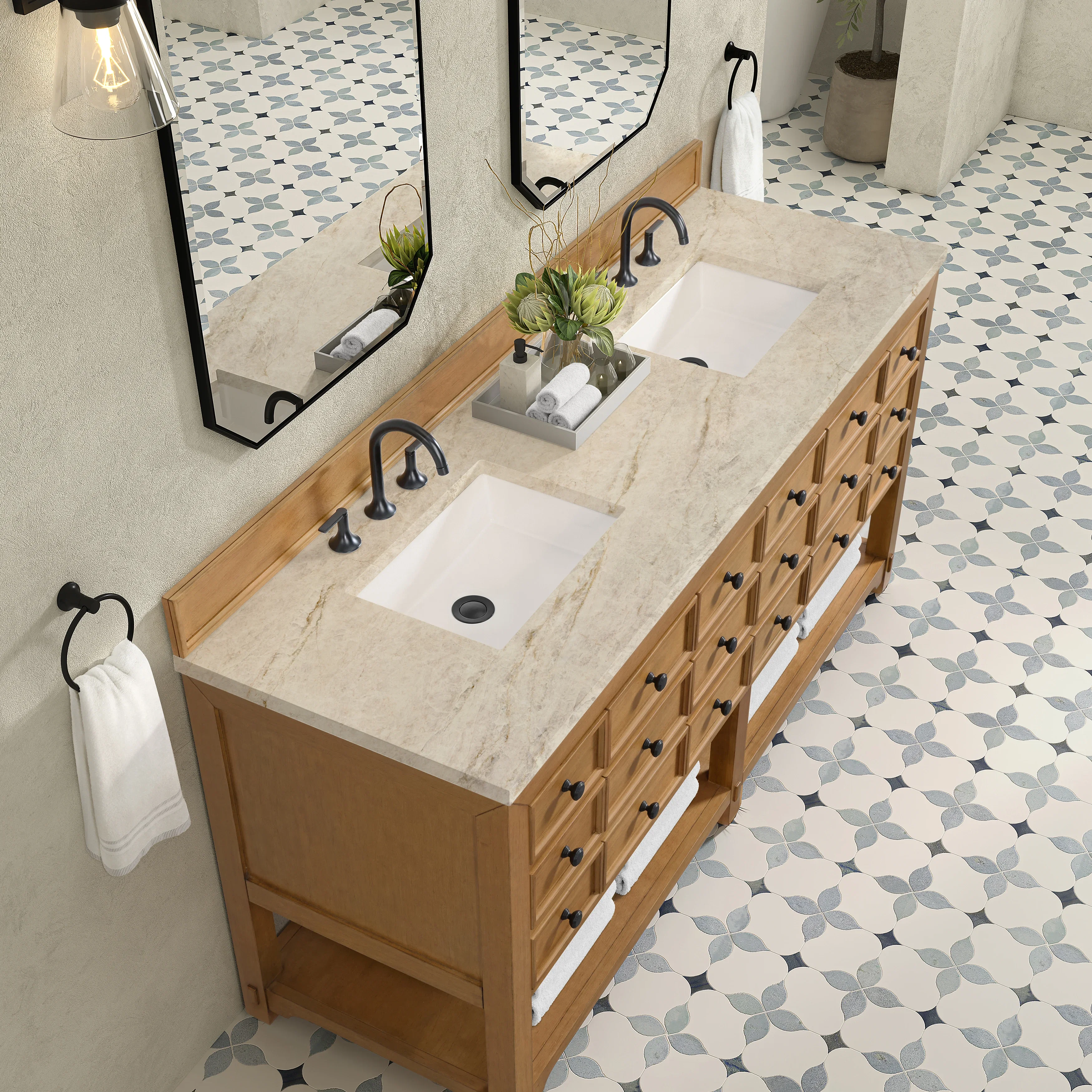 Malibu 72" Double Vanity, Amber Birch, w/ 3 CM Tajnar Eclos Top