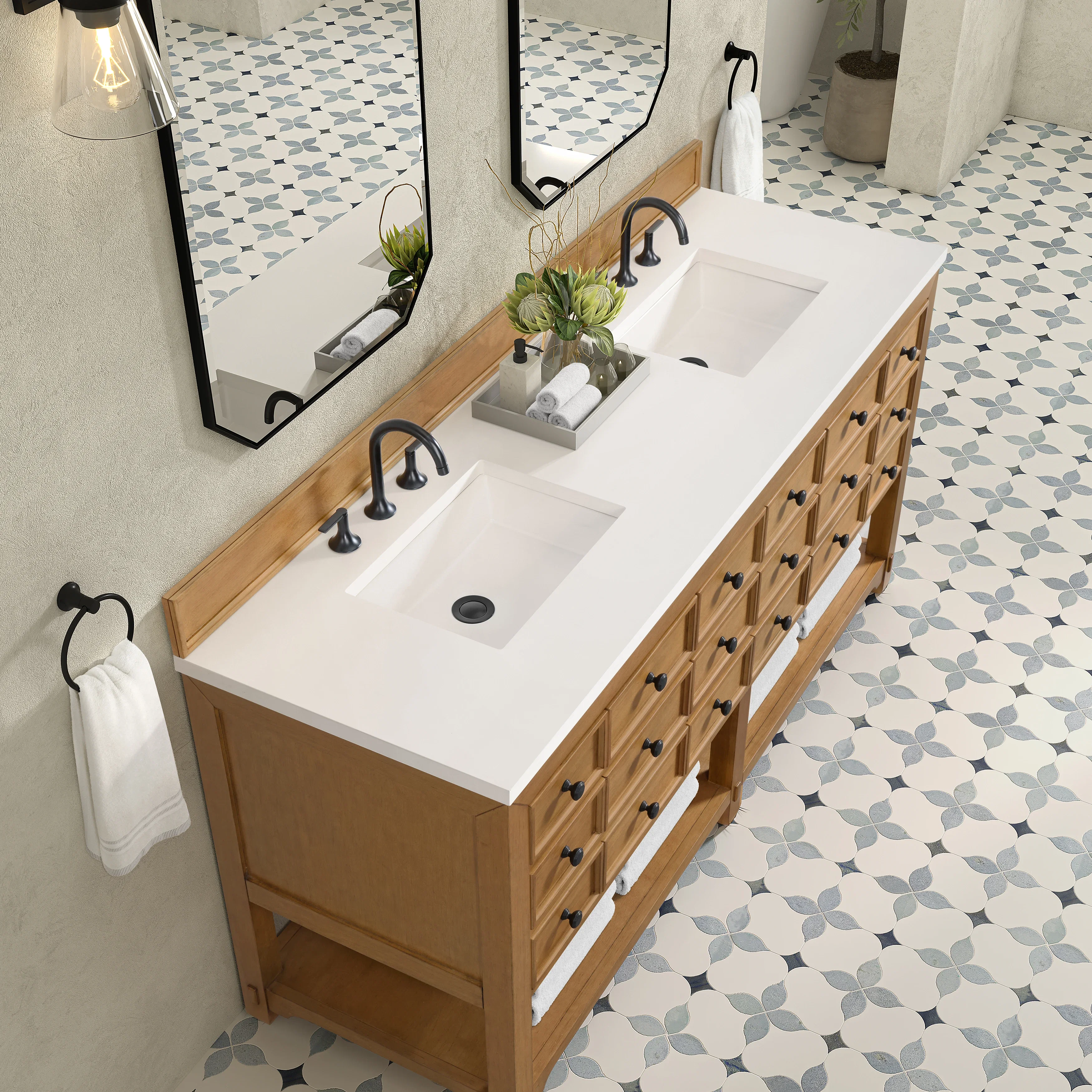 Malibu 72" Double Vanity, Amber Birch w/ 3 CM White Zeus Top