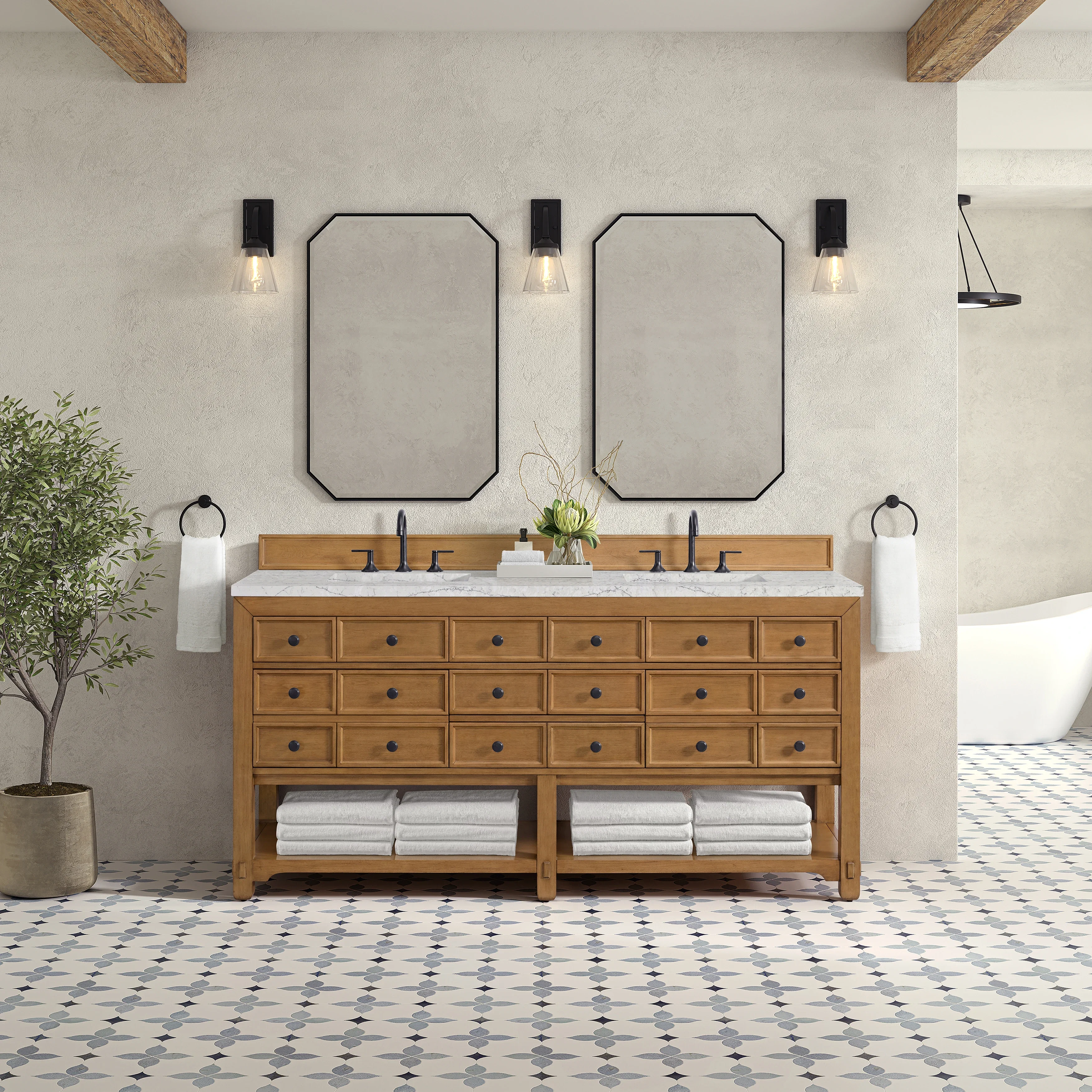 Malibu 72" Double Vanity, Amber Birch w/ 3 CM Eternal Jasmine Pearl Top w/ FreePower Wireless Charger