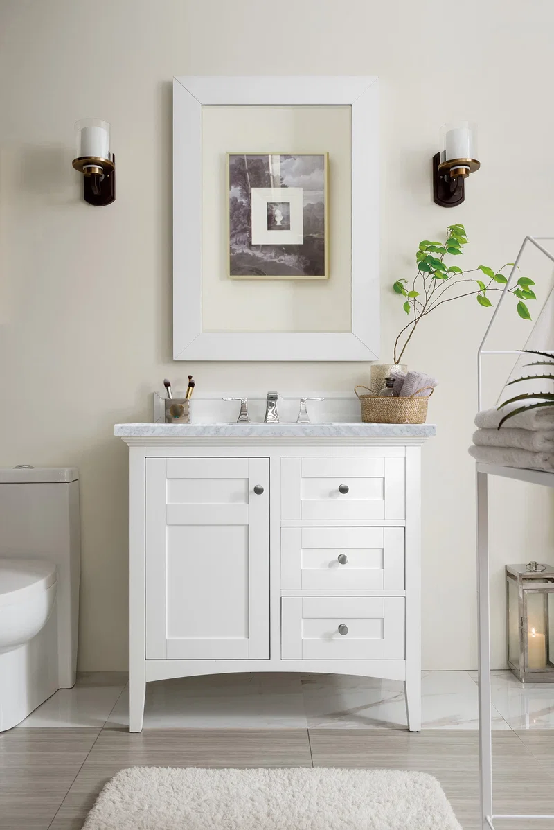 Palisades 36" Single Vanity, Bright White w/ 3 CM Carrara Marble Top