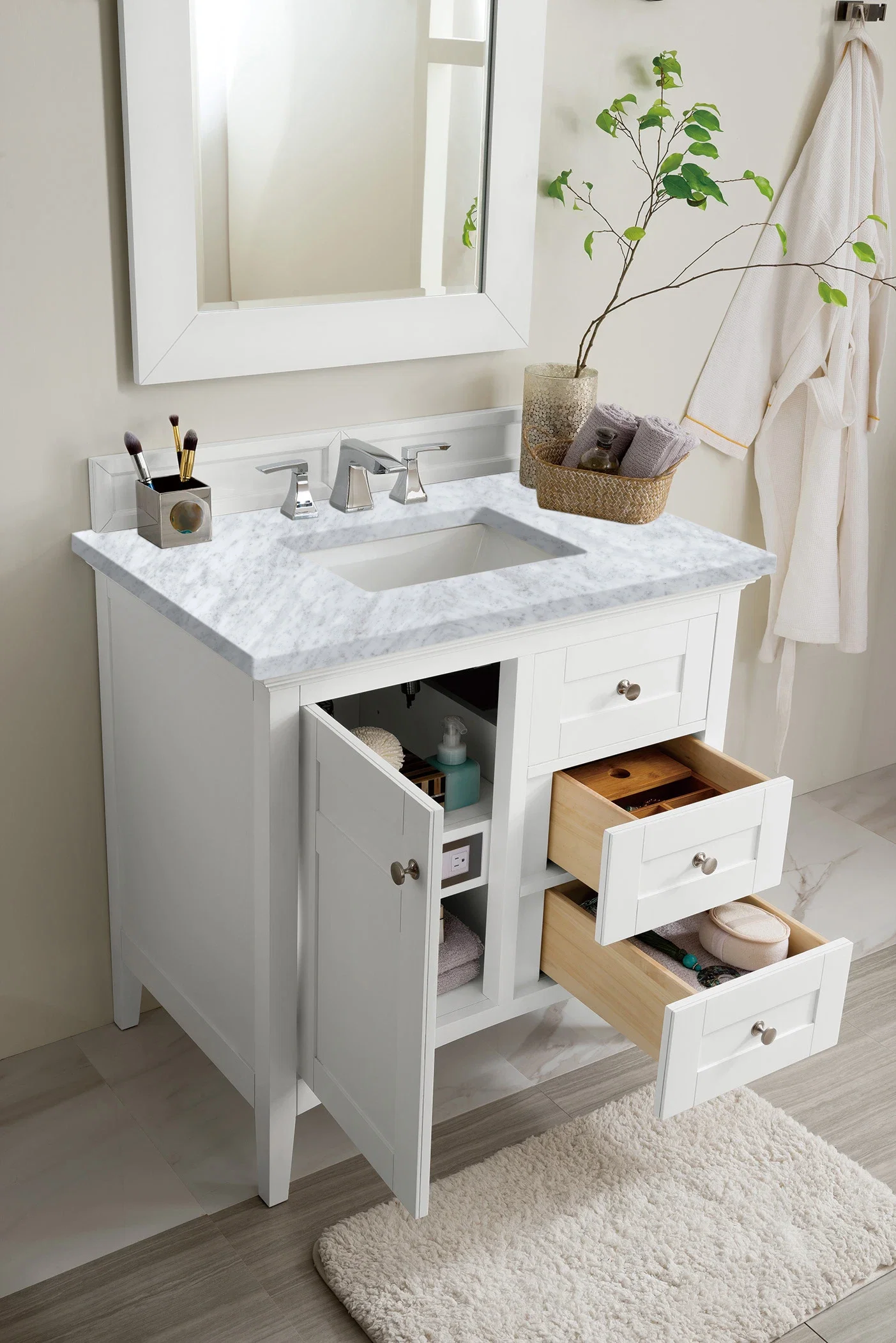 Palisades 36" Single Vanity, Bright White w/ 3 CM Carrara Marble Top