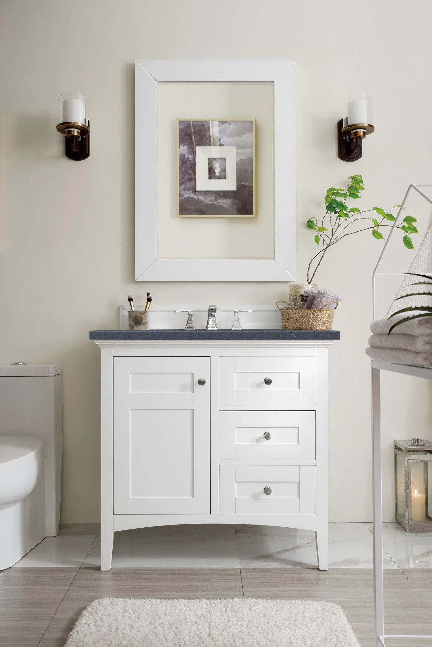 Palisades 36" Single Vanity, Bright White w/ 3 CM Charcoal Soapstone Silestone Top