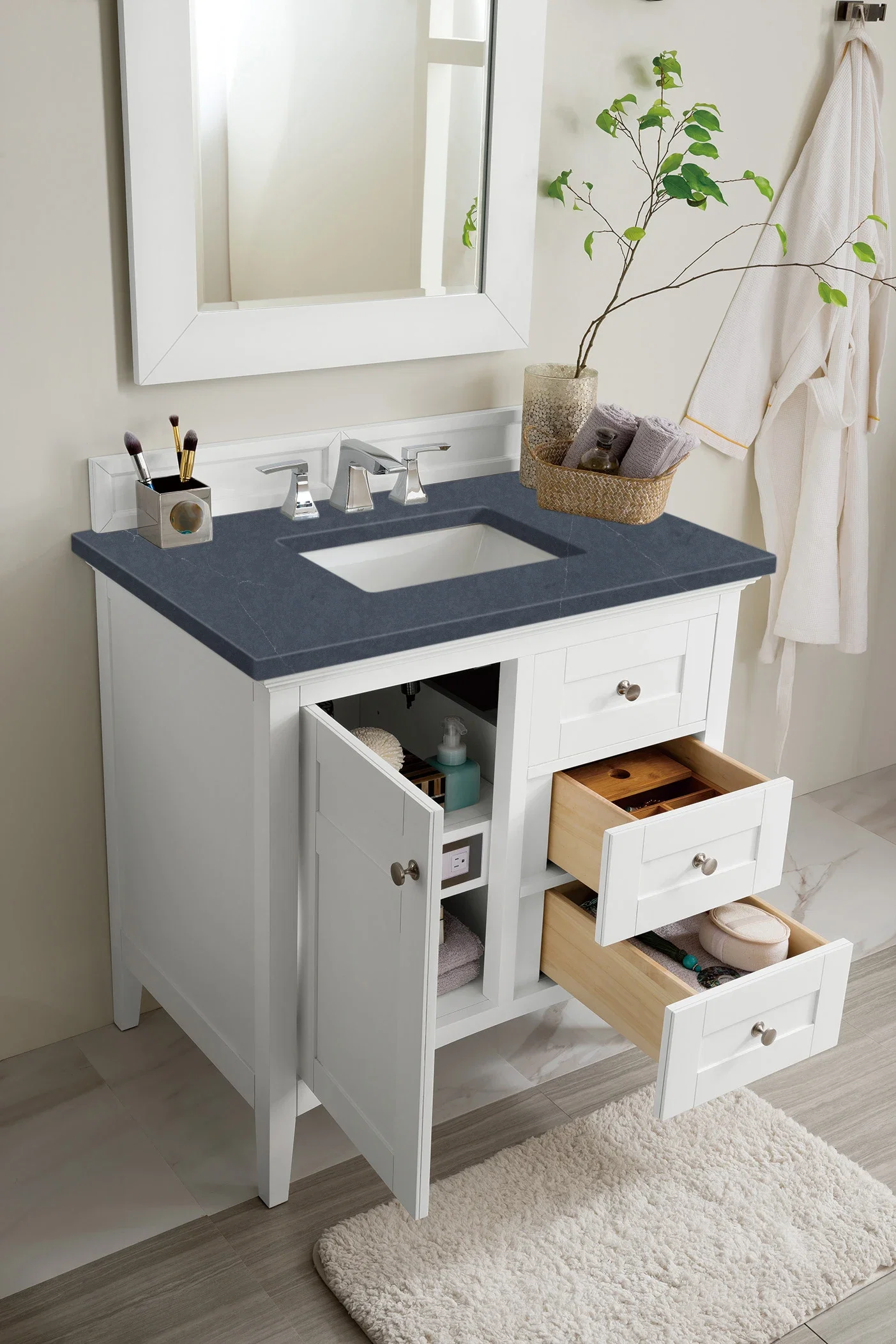 Palisades 36" Single Vanity, Bright White w/ 3 CM Charcoal Soapstone Silestone Top