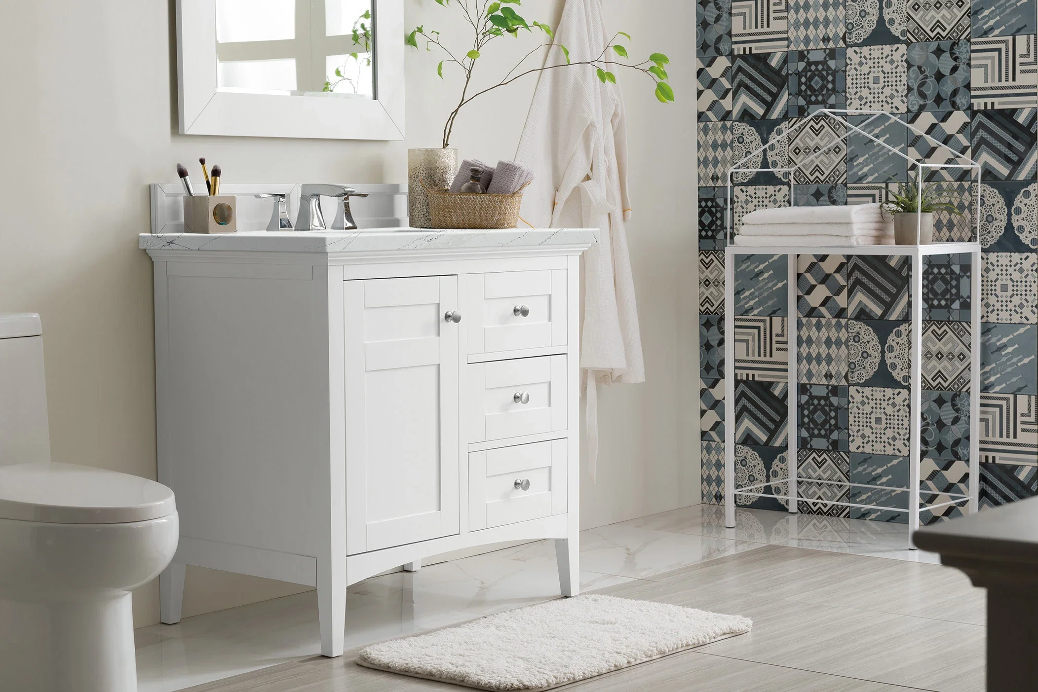 Palisades 36" Single Vanity, Bright White w/ 3 CM Ethereal Noctis Silestone Top
