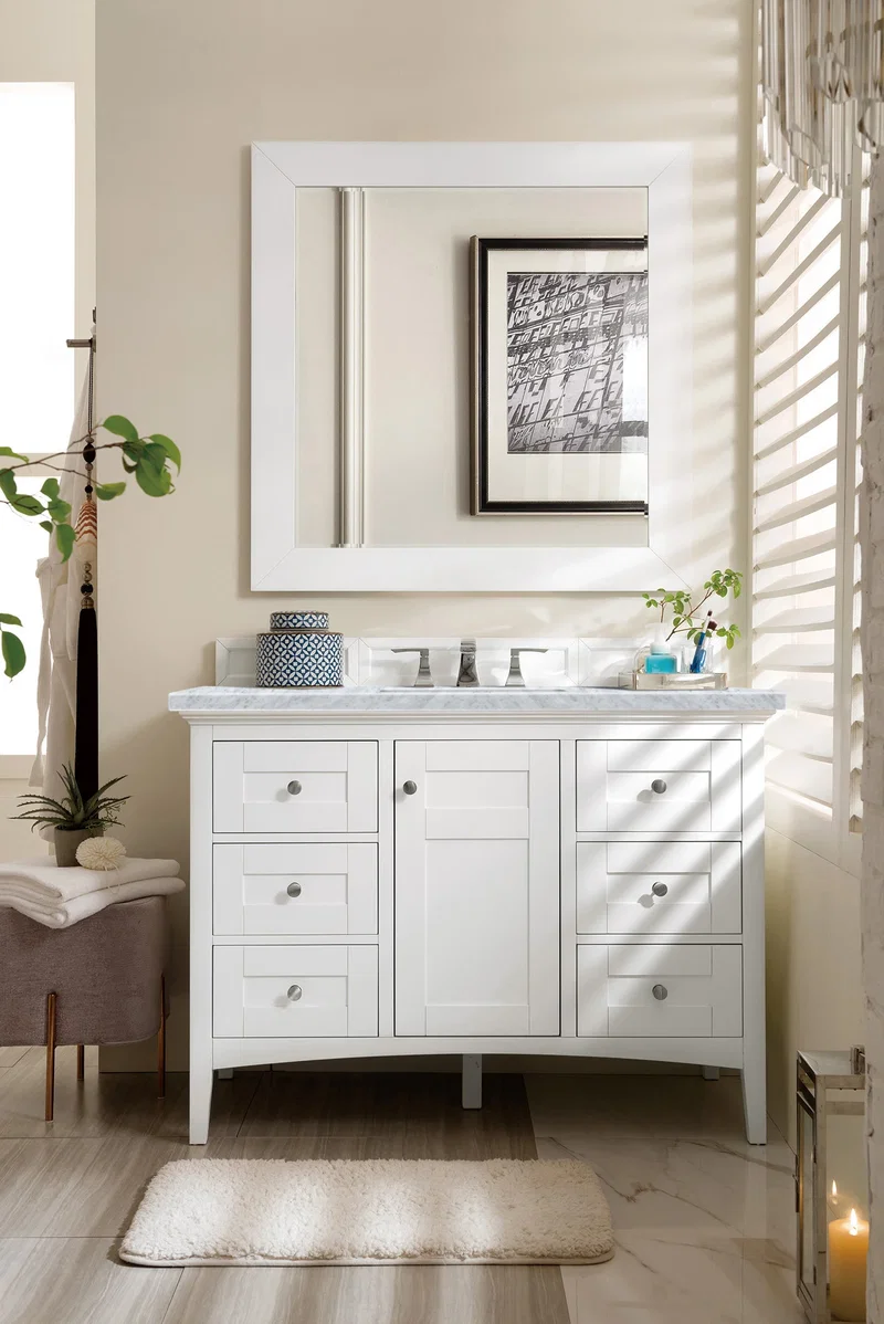 Palisades 48" Single Vanity, Bright White w/ 3 CM Carrara Marble Top
