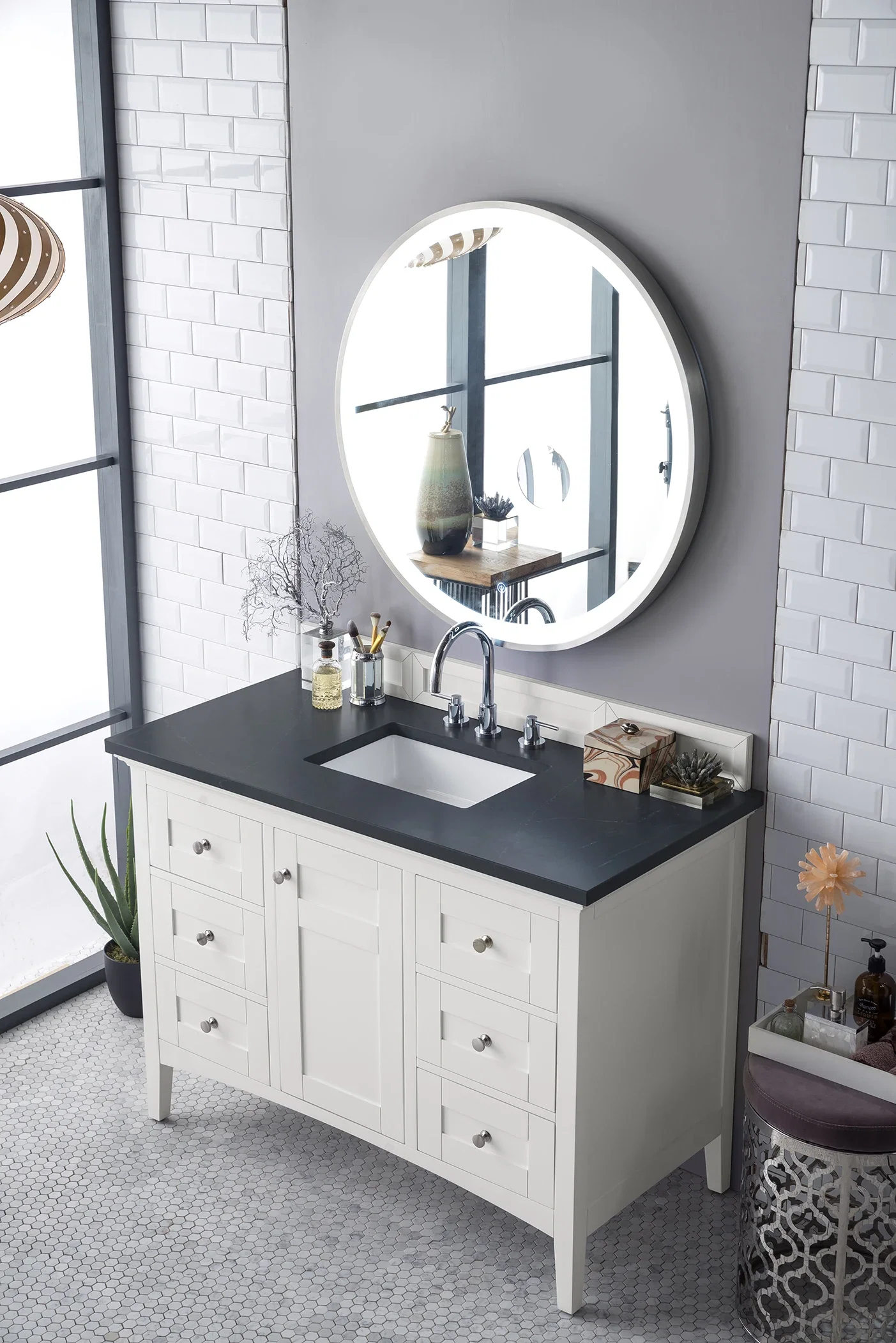 Palisades 48" Single Vanity, Bright White w/ 3 CM Charcoal Soapstone Silestone Top