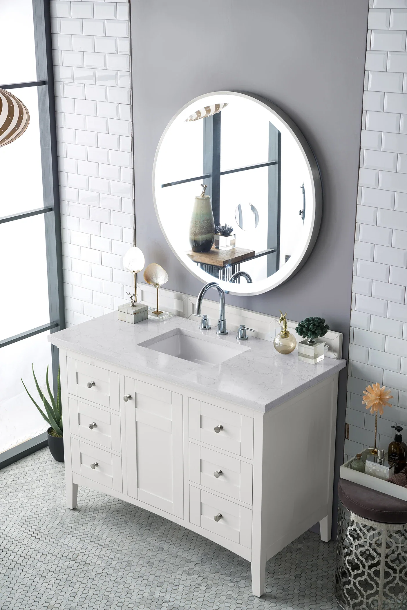 Palisades 48" Single Vanity, Bright White w/ 3 CM Eternal Jasmine Pearl Silestone Top