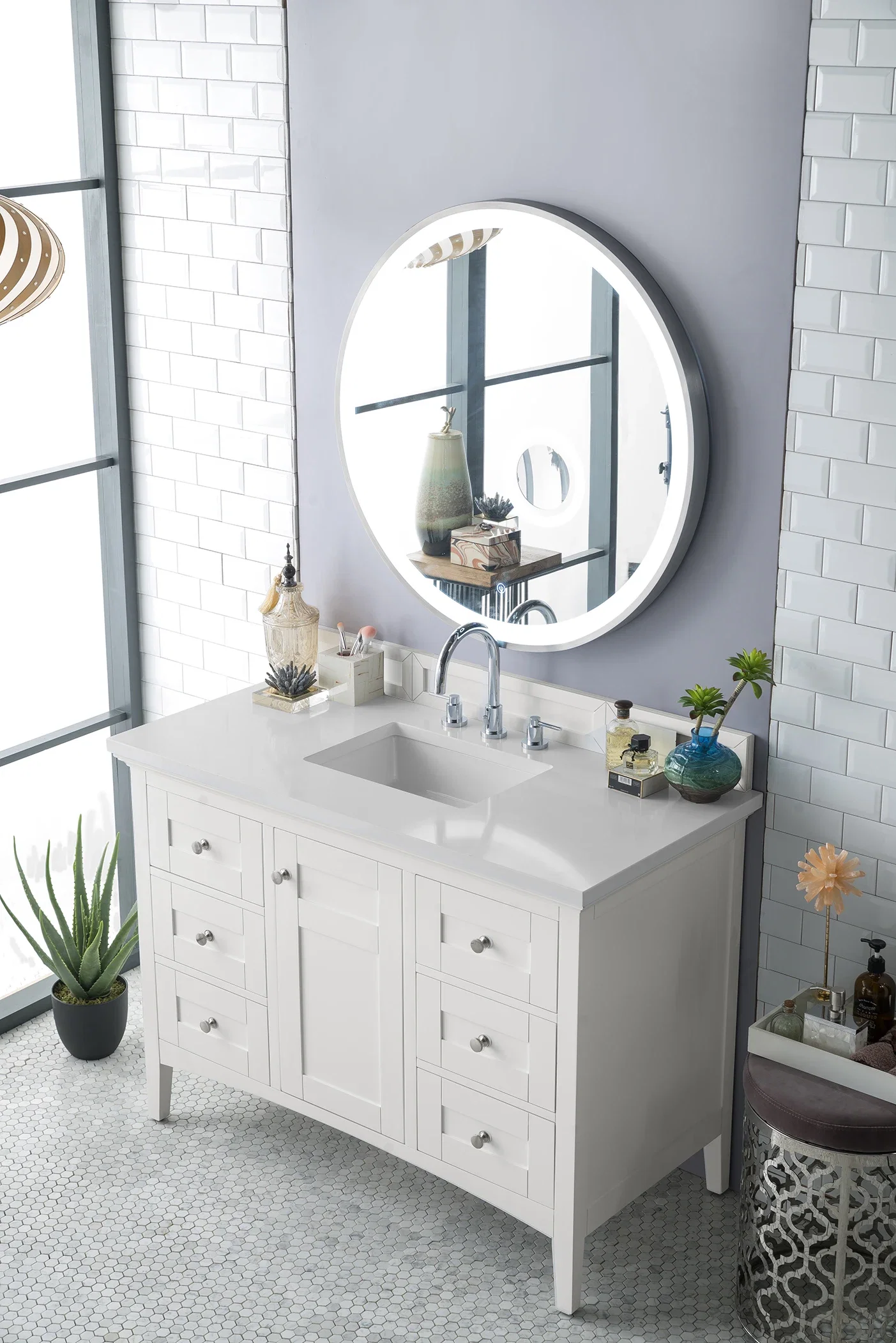 Palisades 48" Single Vanity, Bright White w/ 3 CM White Zeus Silestone Top