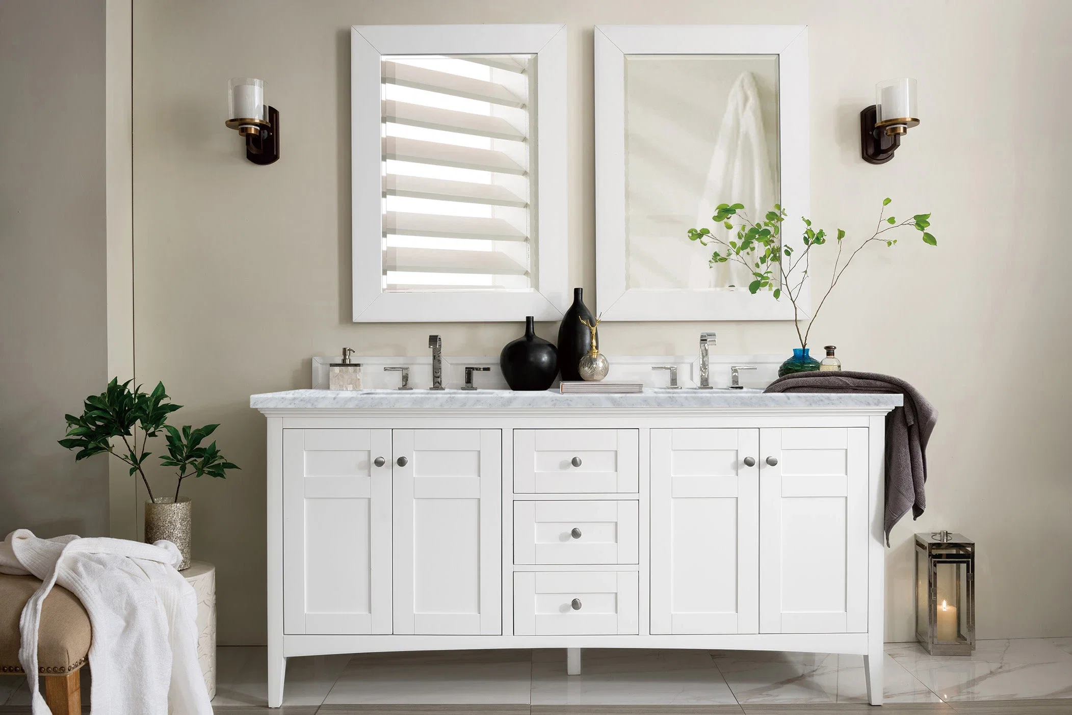 Palisades 72" Double Vanity, Bright White w/ 3 CM Carrara Marble Top