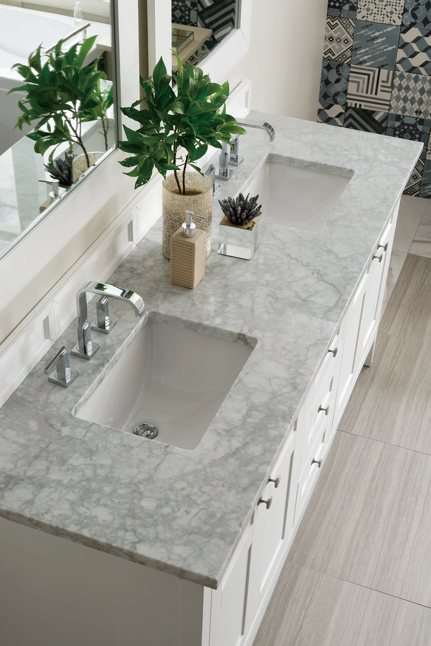 Palisades 72" Double Vanity, Bright White w/ 3 CM Carrara Marble Top