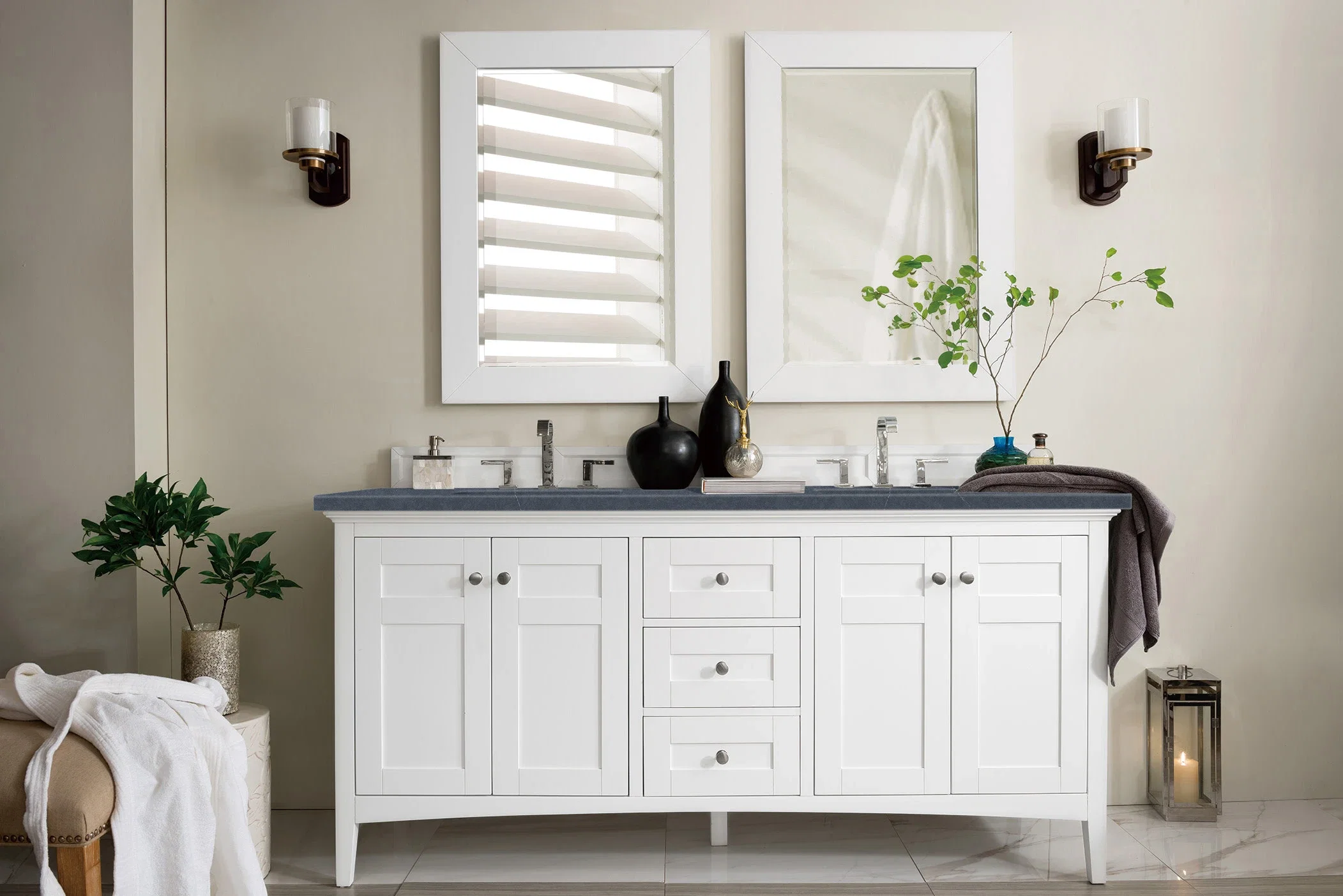 Palisades 72" Double Vanity, Bright White w/ 3 CM Charcoal Soapstone Silestone Top