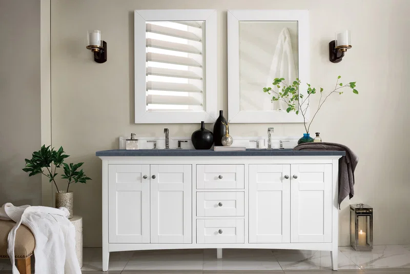 Palisades 72" Double Vanity, Bright White w/ 3 CM Charcoal Soapstone Silestone Top
