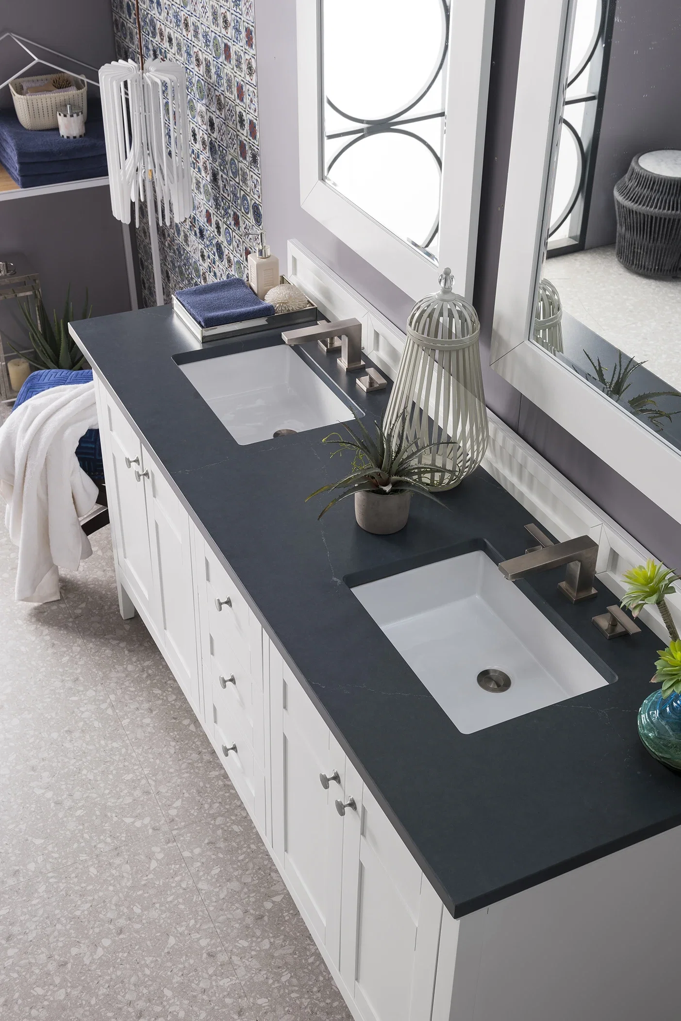 Palisades 72" Double Vanity, Bright White w/ 3 CM Charcoal Soapstone Silestone Top