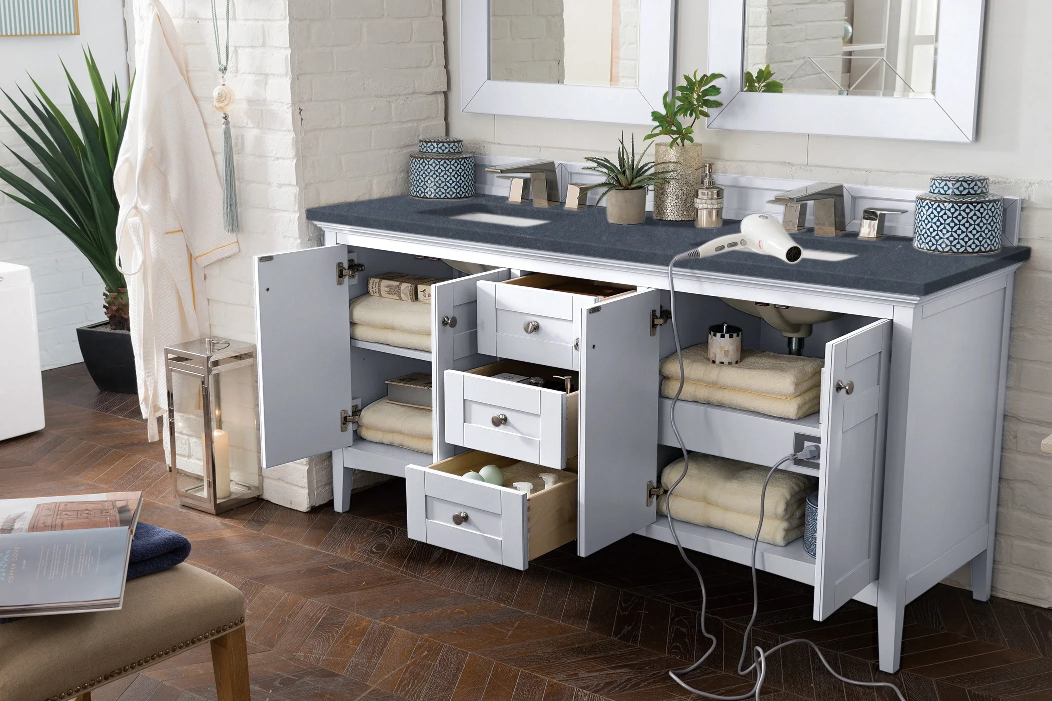 Palisades 72" Double Vanity, Bright White w/ 3 CM Charcoal Soapstone Silestone Top