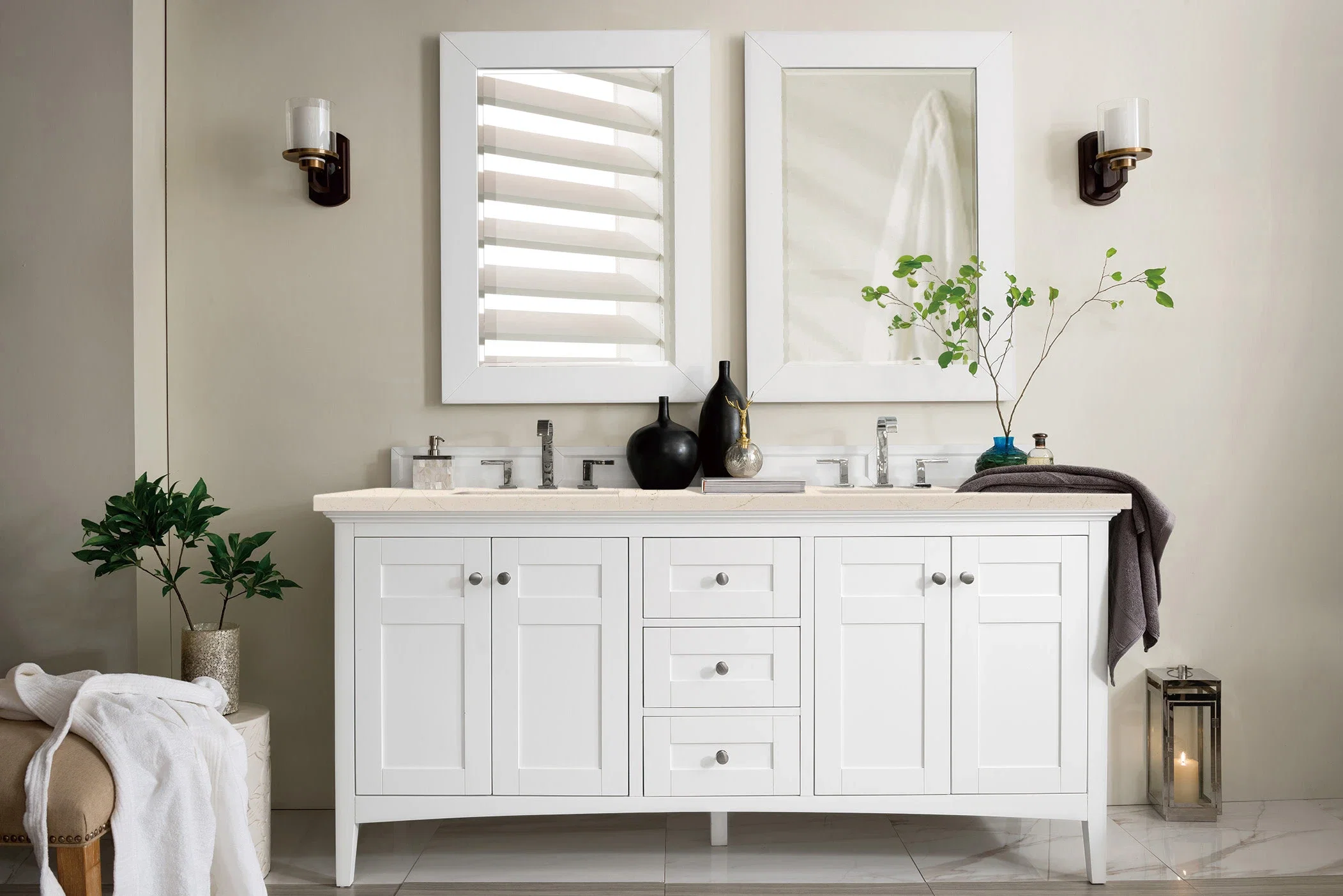 Palisades 72" Double Vanity, Bright White w/ 3 CM Eternal Marfil Silestone Top