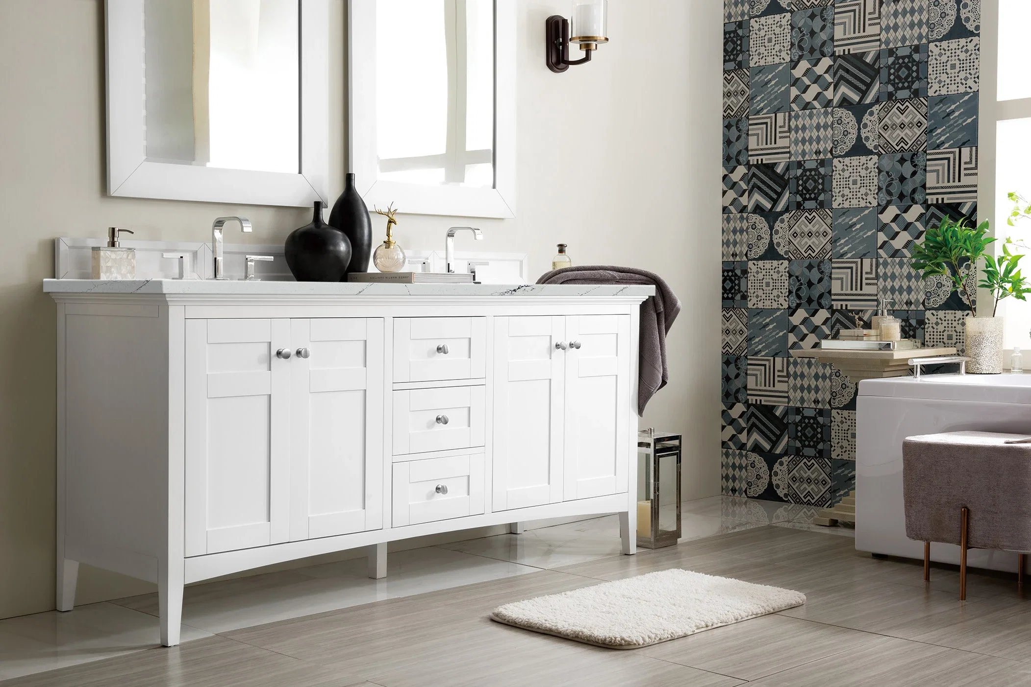 Palisades 72" Double Vanity, Bright White w/ 3 CM Ethereal Noctis Silestone Top