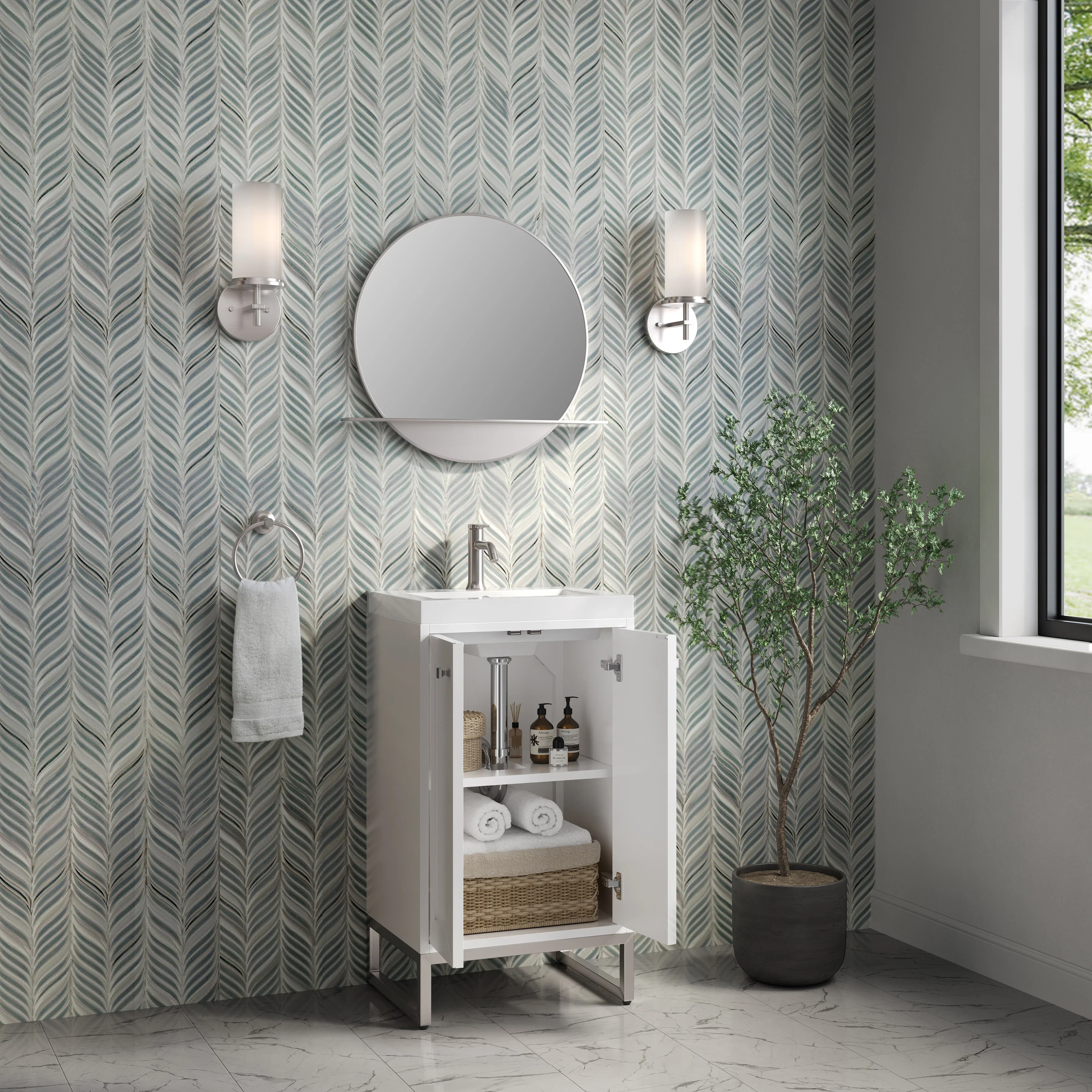 Chianti 20" Single Vanity, Glossy White, Brushed Nickel, w/ White Glossy Composite Stone Top