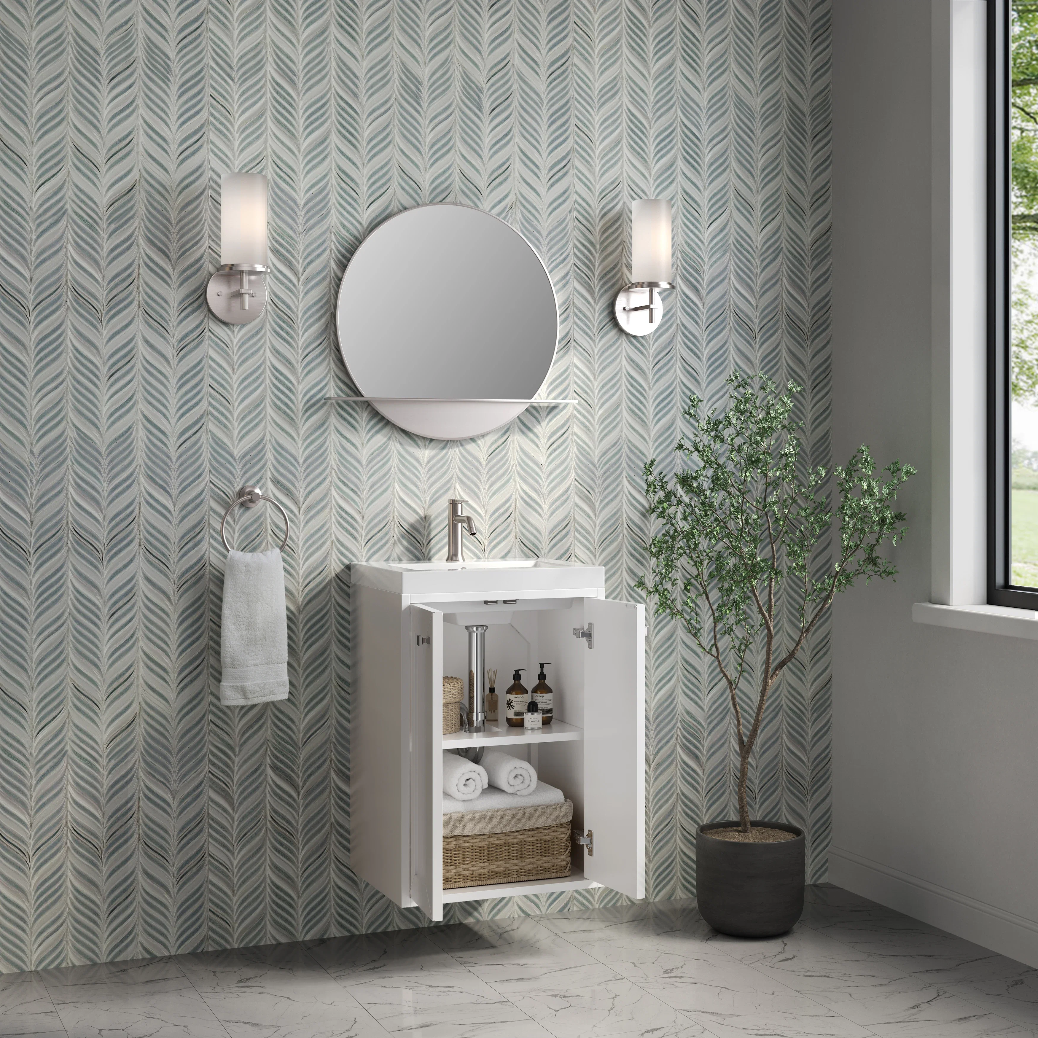 Chianti 20" Single Vanity, Glossy White, Brushed Nickel, w/ White Glossy Composite Stone Top
