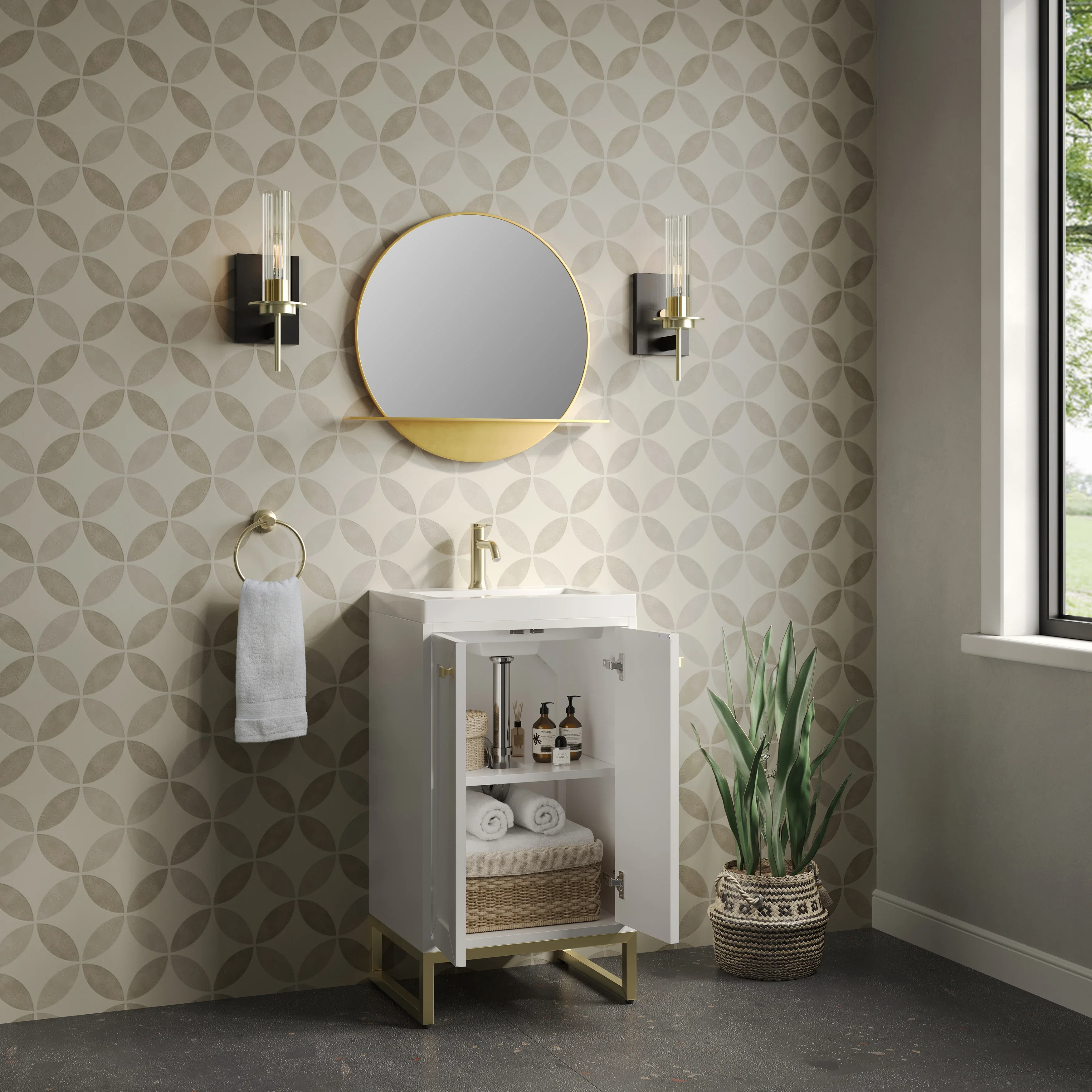 Chianti 20" Single Vanity, Glossy White, Champagne Brass, w/ White Glossy Composite Stone Top