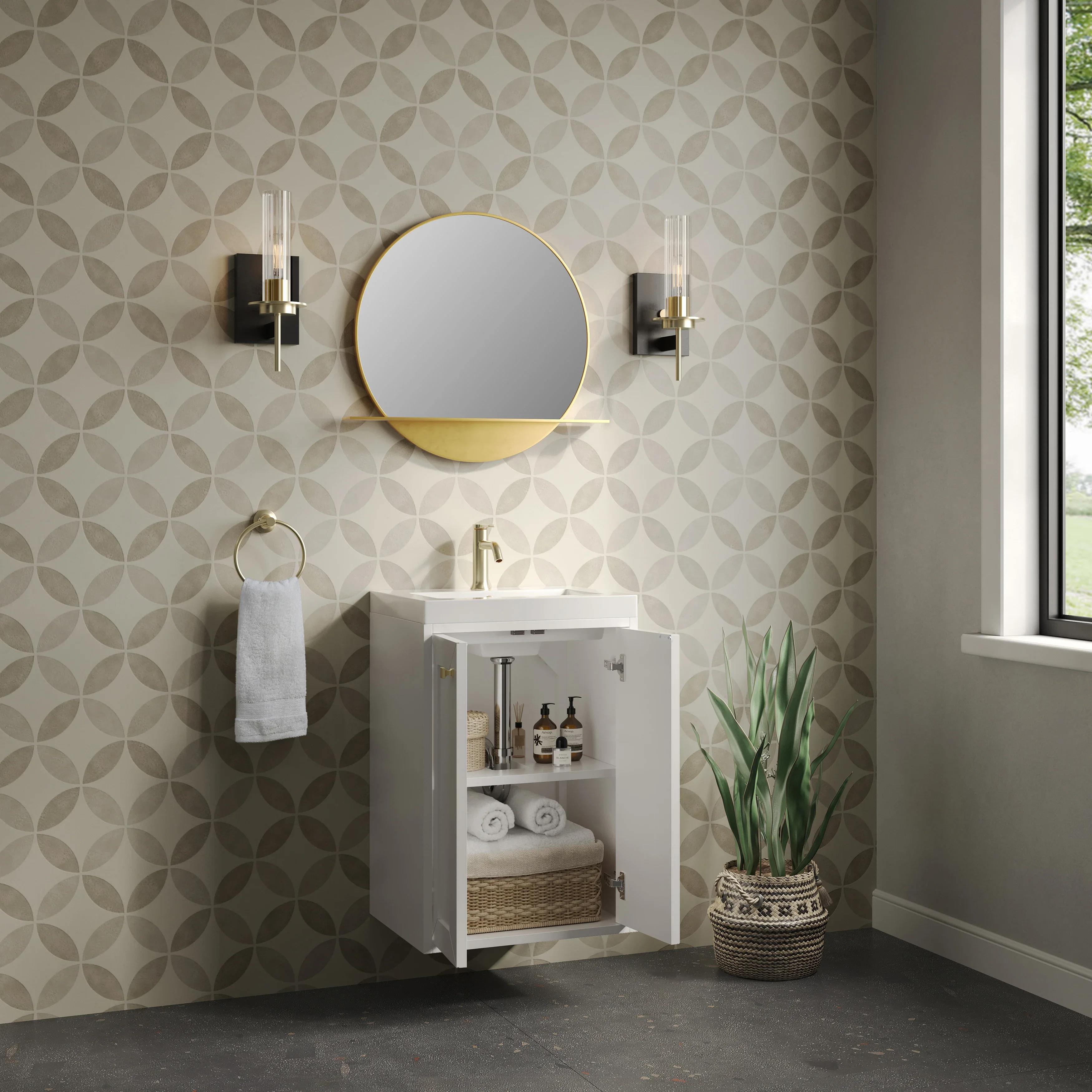Chianti 20" Single Vanity, Glossy White, Champagne Brass, w/ White Glossy Composite Stone Top