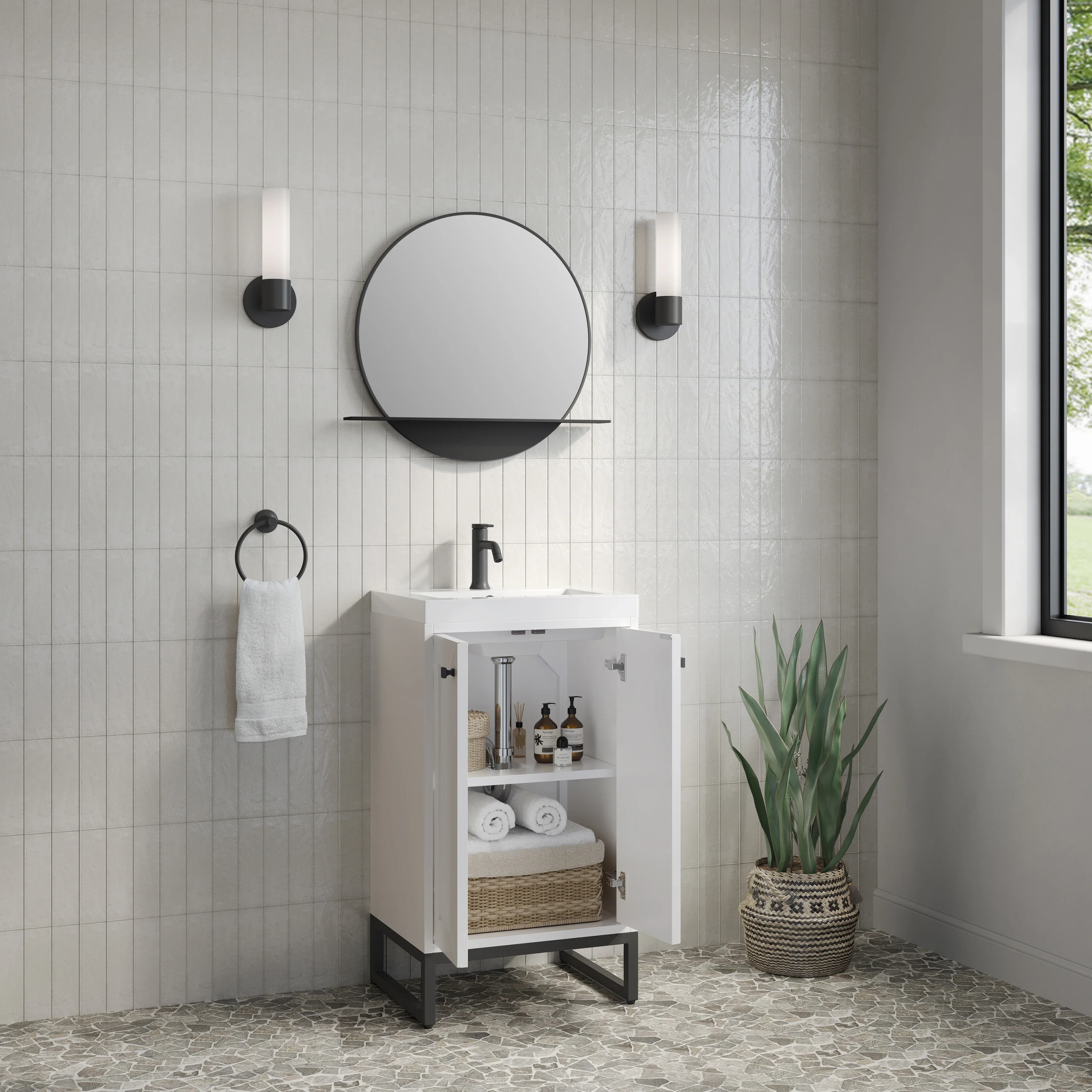 Chianti 20" Single Vanity, Glossy White, Matte Black, w/ White Glossy Composite Stone Top