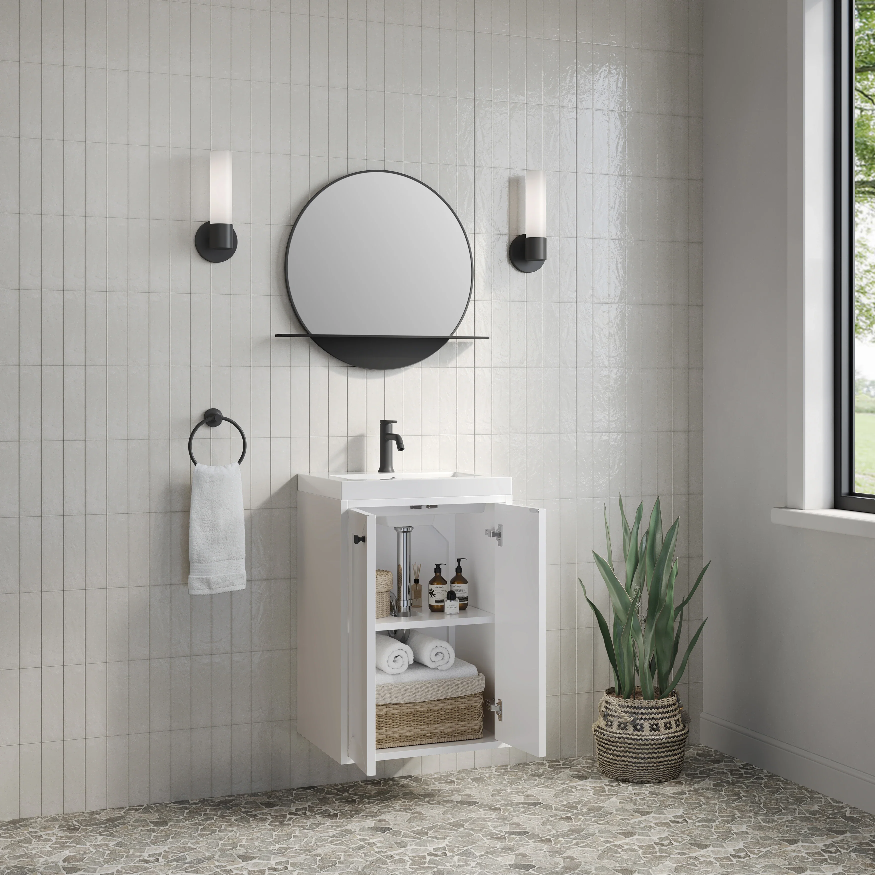 Chianti 20" Single Vanity, Glossy White, Matte Black, w/ White Glossy Composite Stone Top