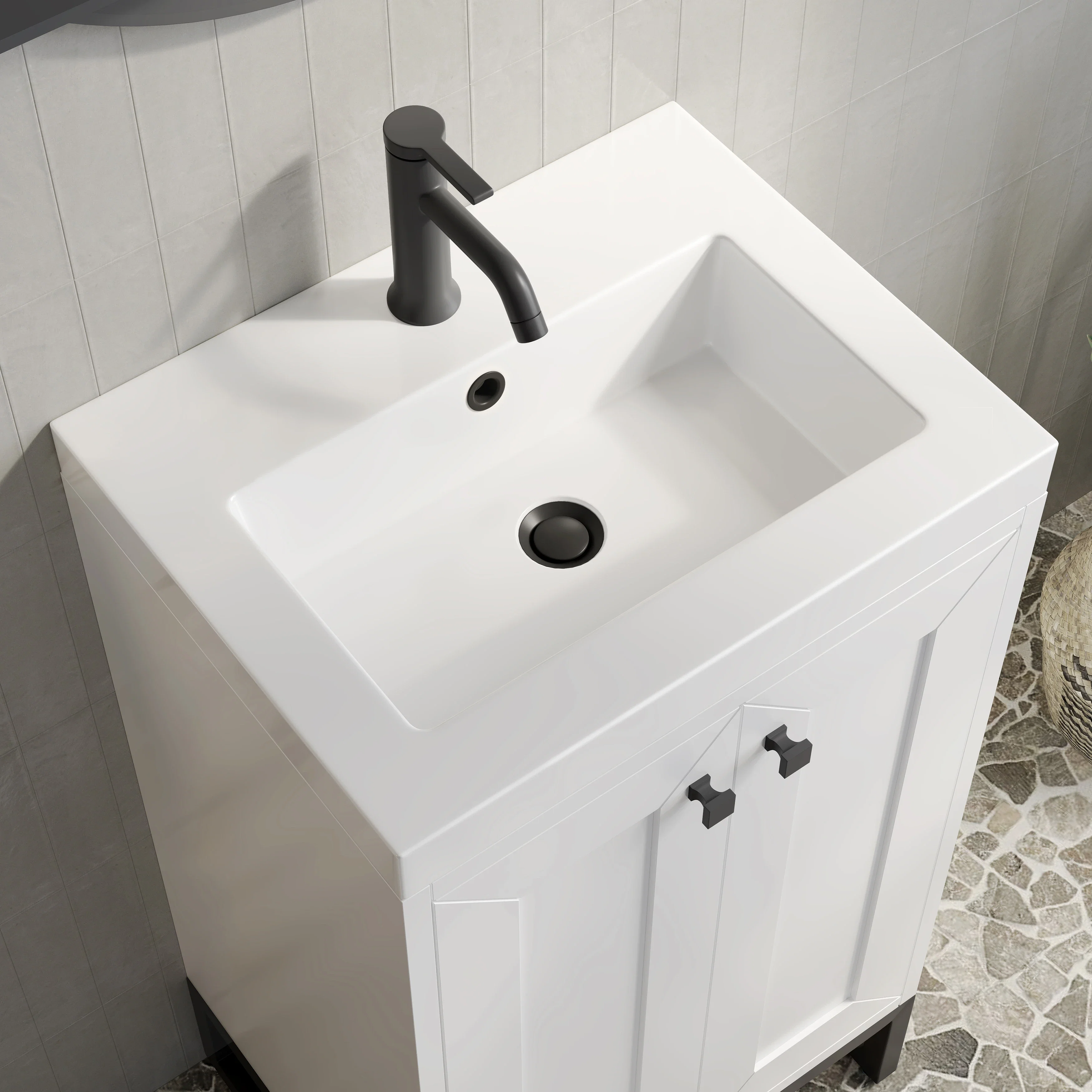 Chianti 20" Single Vanity, Glossy White, Matte Black, w/ White Glossy Composite Stone Top
