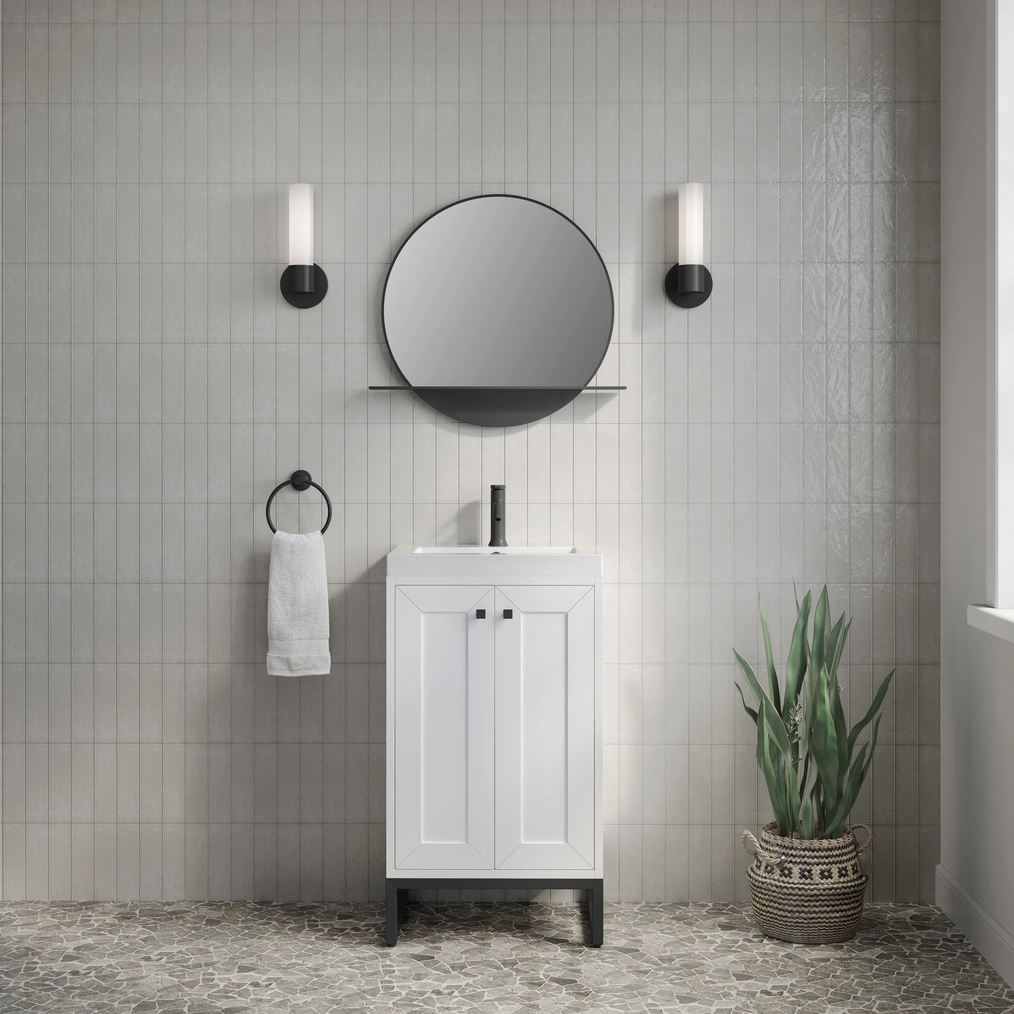 Chianti 20" Single Vanity, Glossy White, Matte Black, w/ White Glossy Composite Stone Top