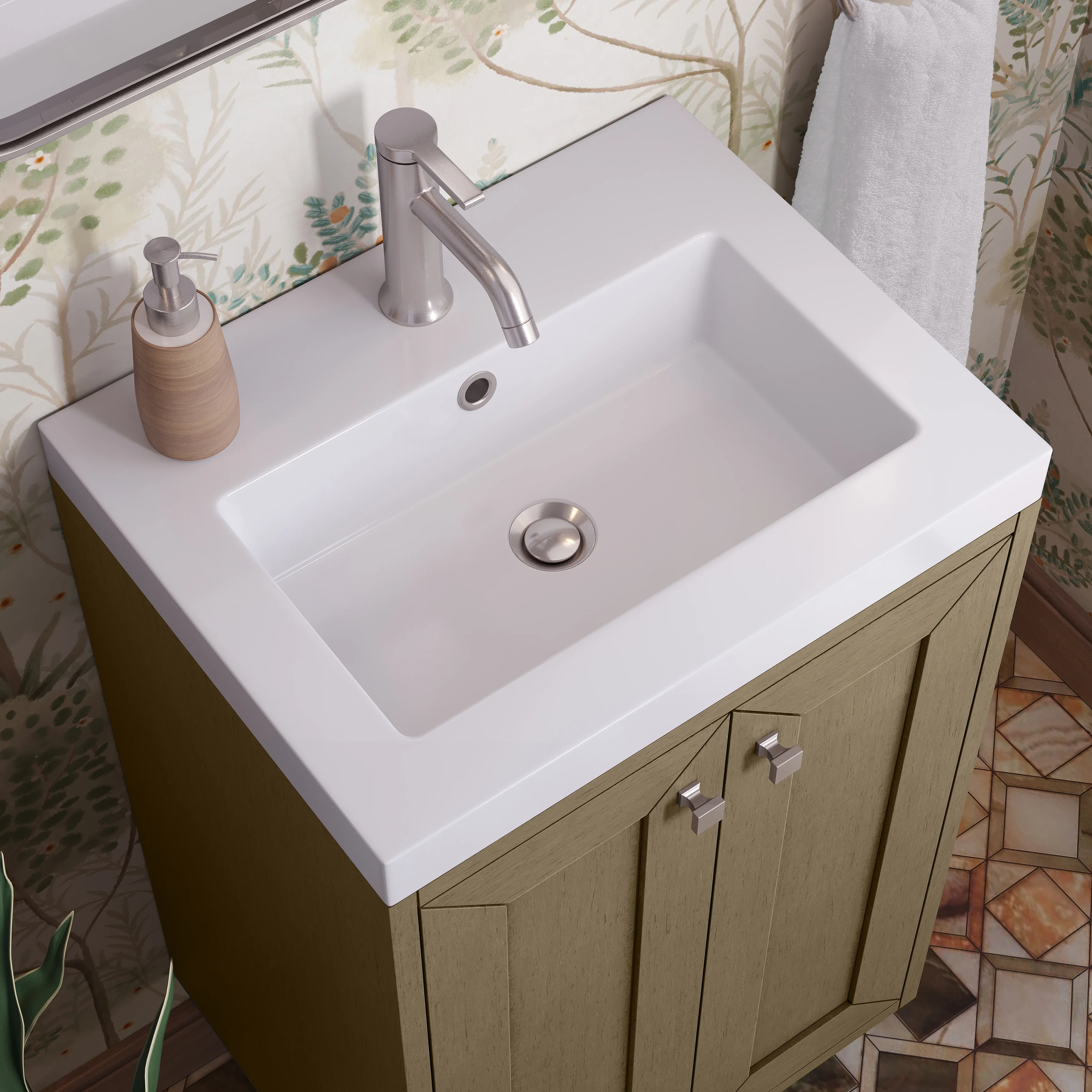 Chianti 20" Single Vanity, Walnut Whisper, Brushed Nickel, w/ White Glossy Composite Stone Top
