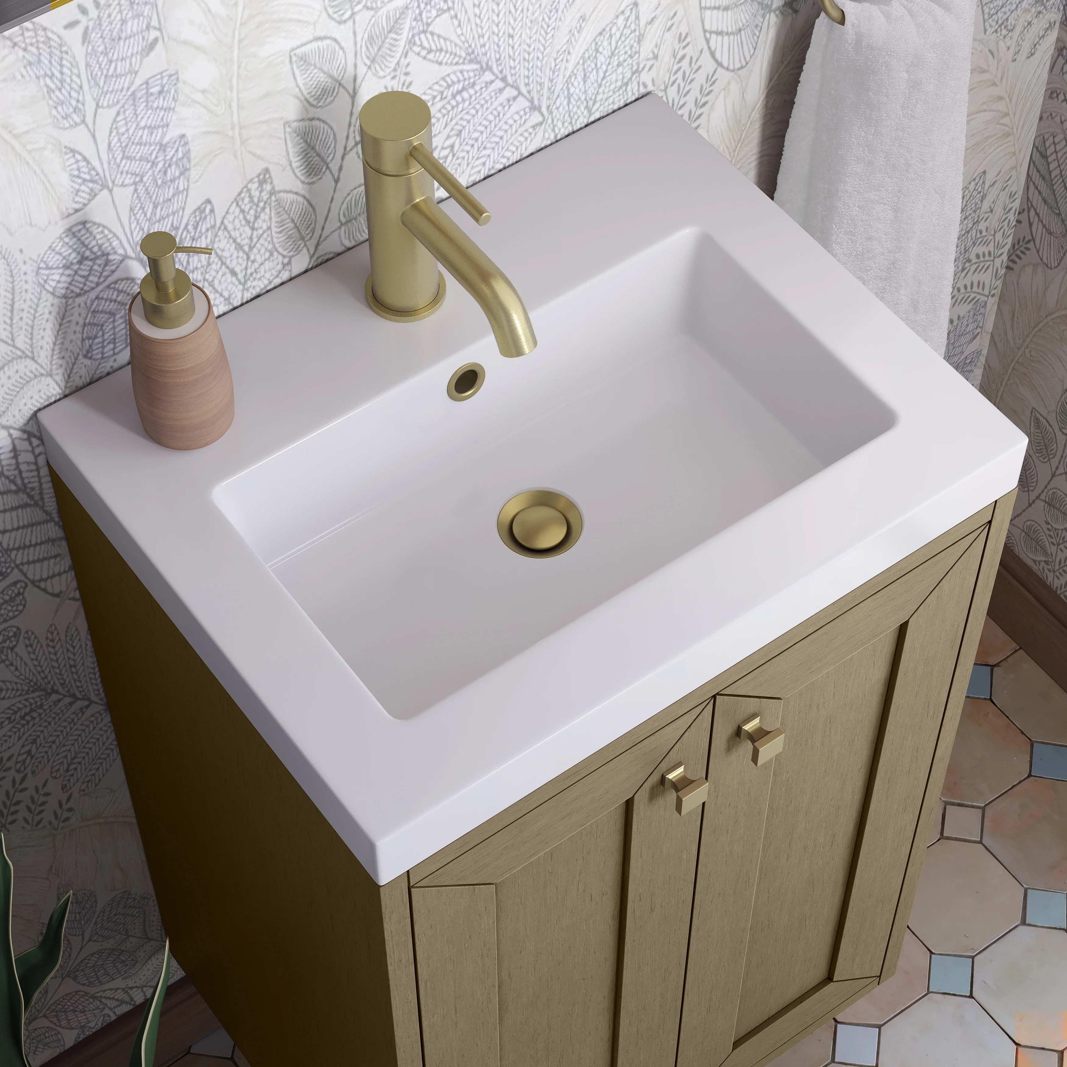 Chianti 20" Single Vanity, Walnut Whisper, Champagne Brass, w/ White Glossy Composite Stone Top