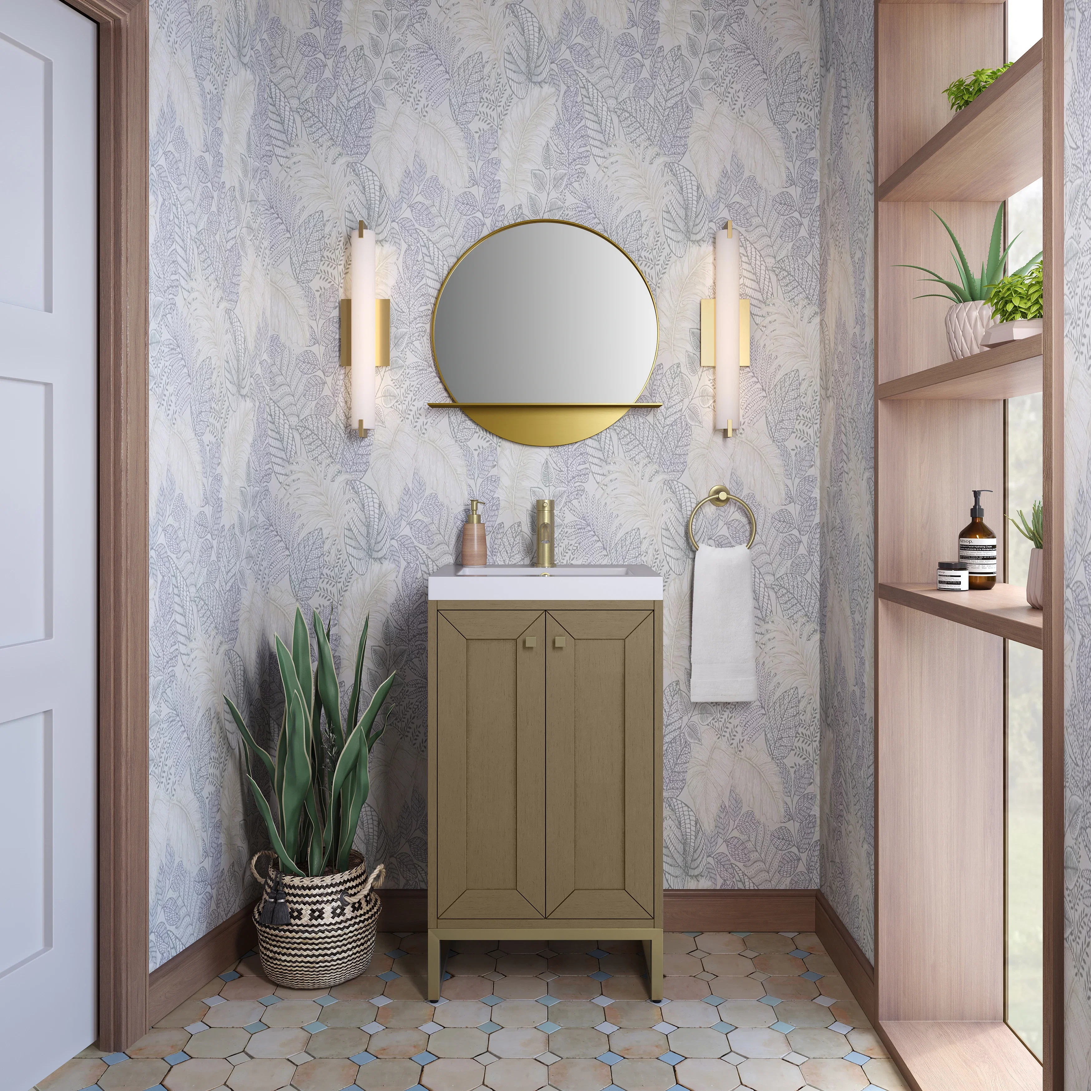 Chianti 20" Single Vanity, Walnut Whisper, Champagne Brass, w/ White Glossy Composite Stone Top
