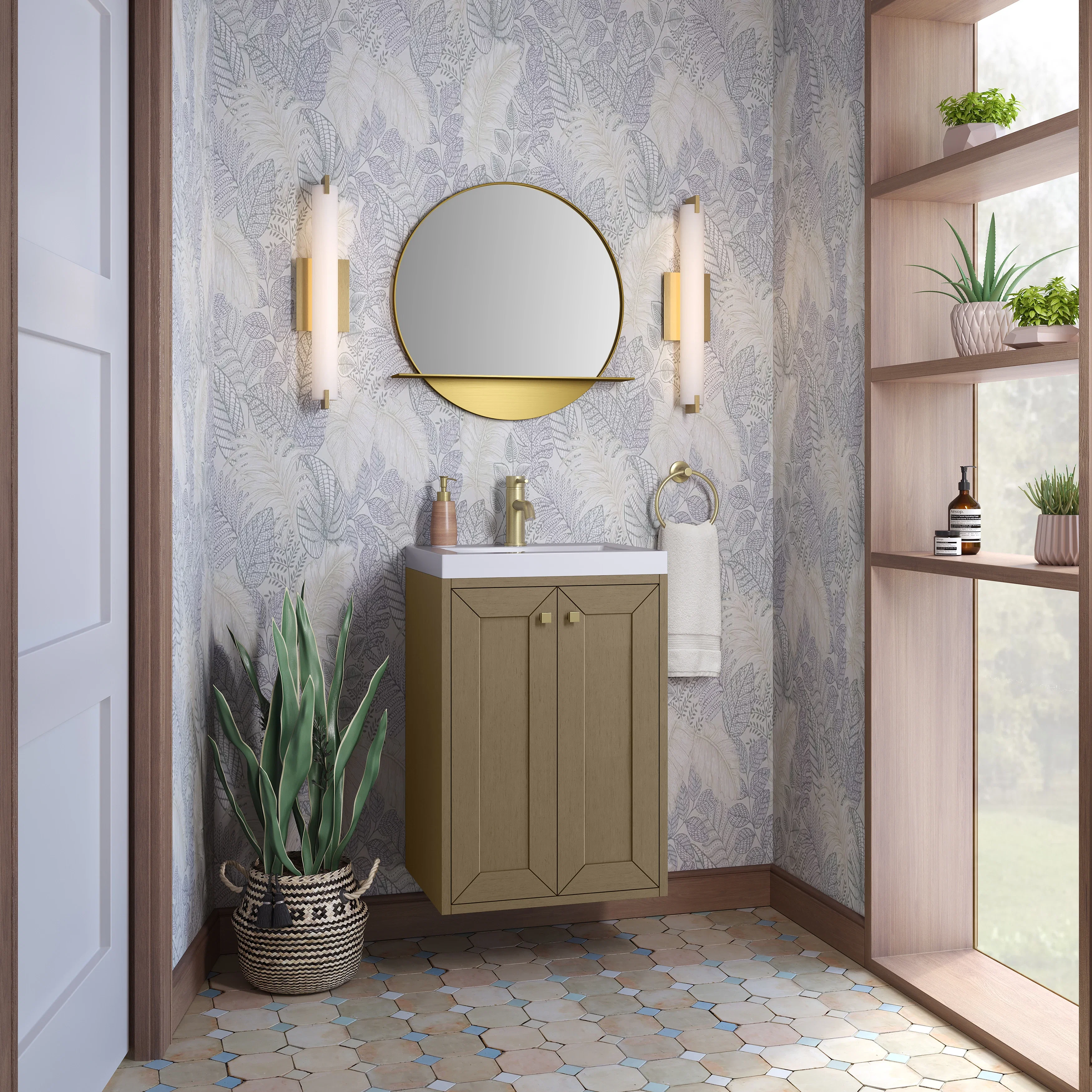 Chianti 20" Single Vanity, Walnut Whisper, Champagne Brass, w/ White Glossy Composite Stone Top