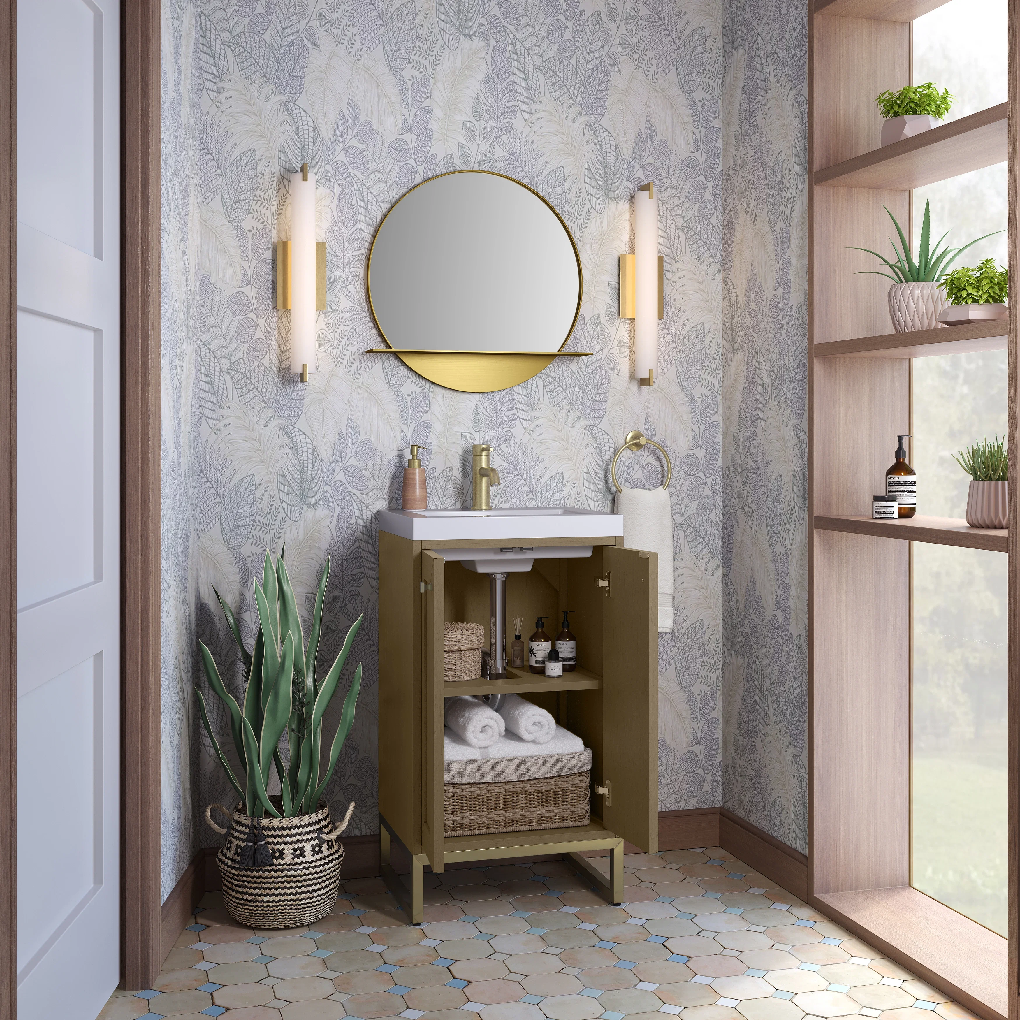 Chianti 20" Single Vanity, Walnut Whisper, Champagne Brass, w/ White Glossy Composite Stone Top