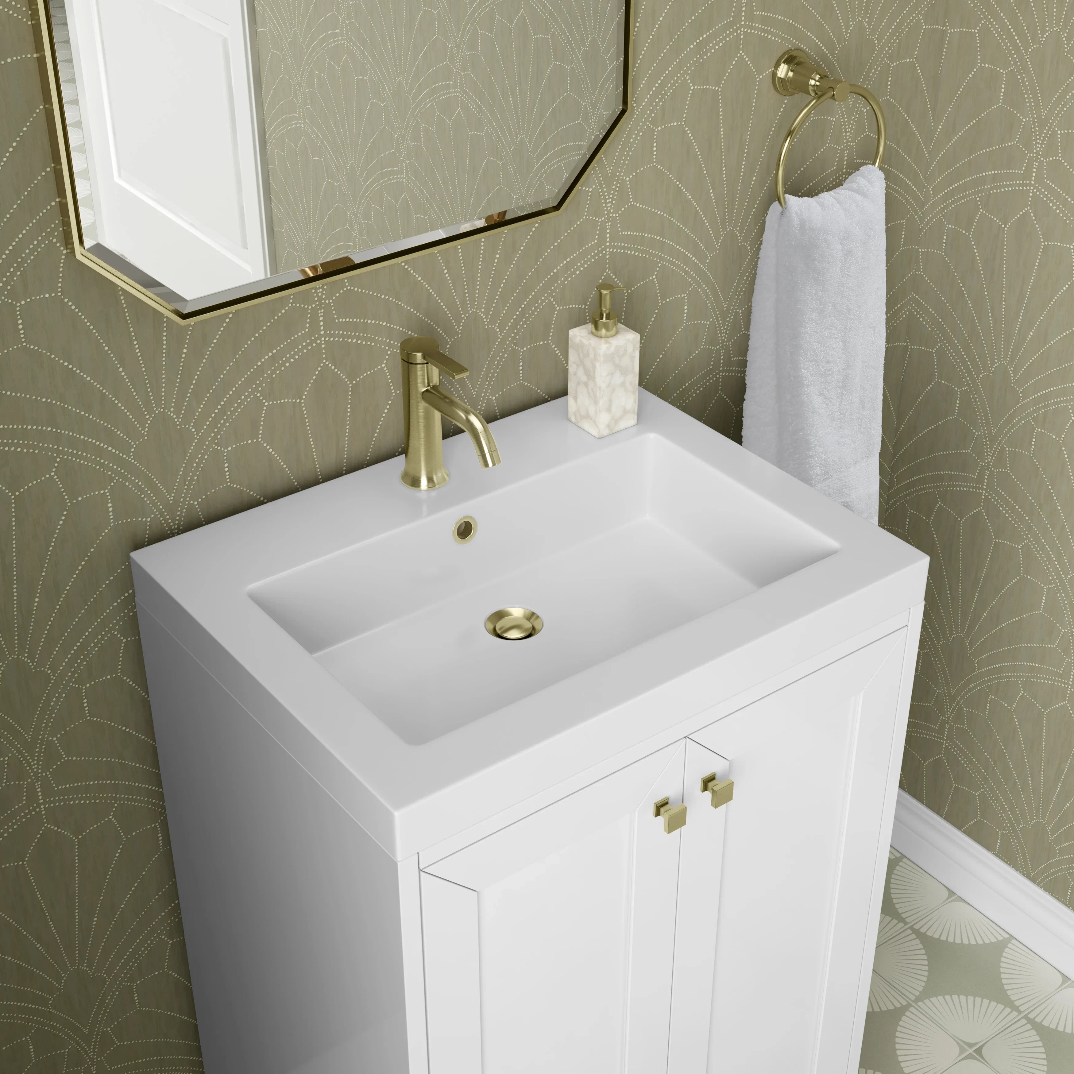 Chianti 24" Single Vanity, Glossy White, Champagne Brass, w/ White Glossy Composite Stone Top