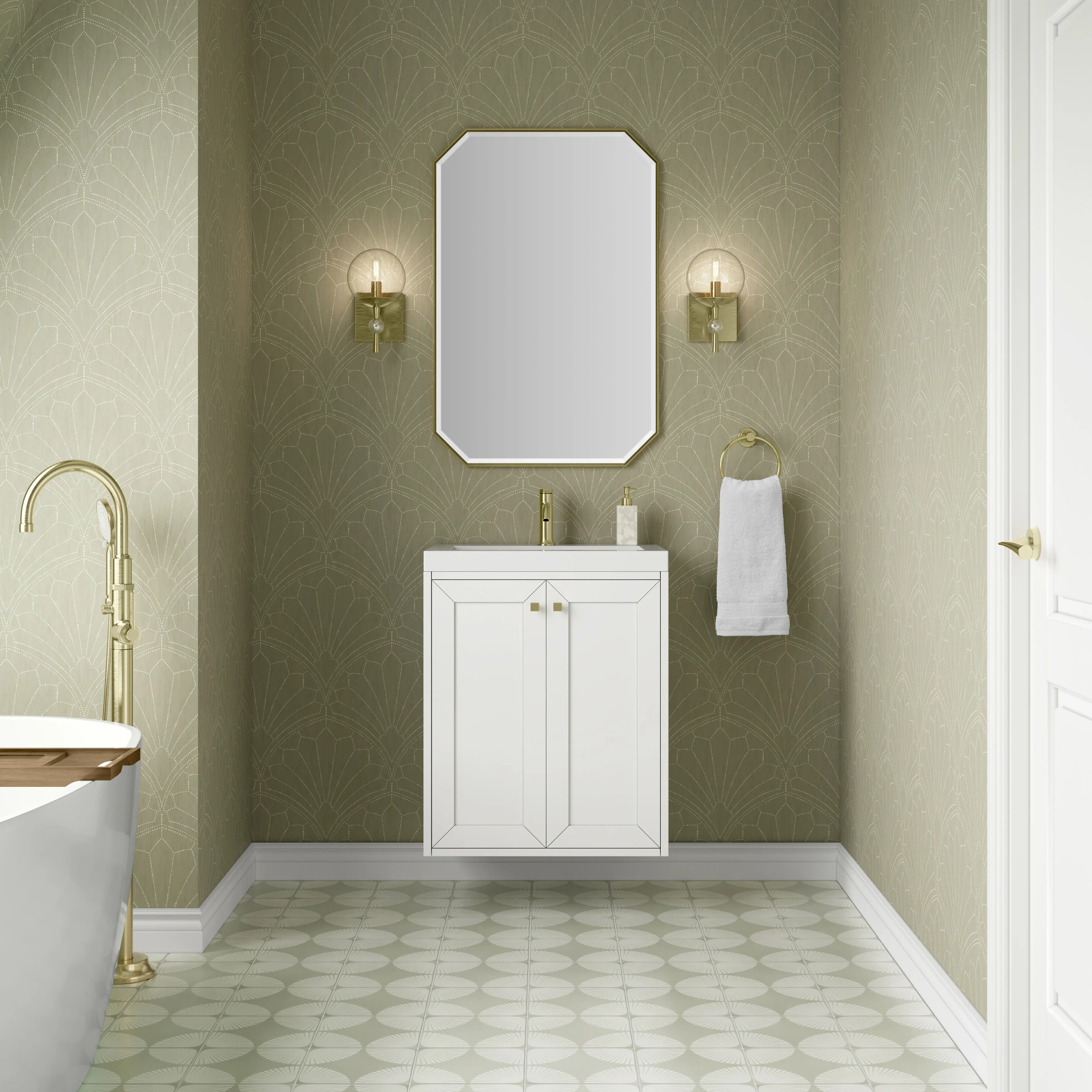 Chianti 24" Single Vanity, Glossy White, Champagne Brass, w/ White Glossy Composite Stone Top