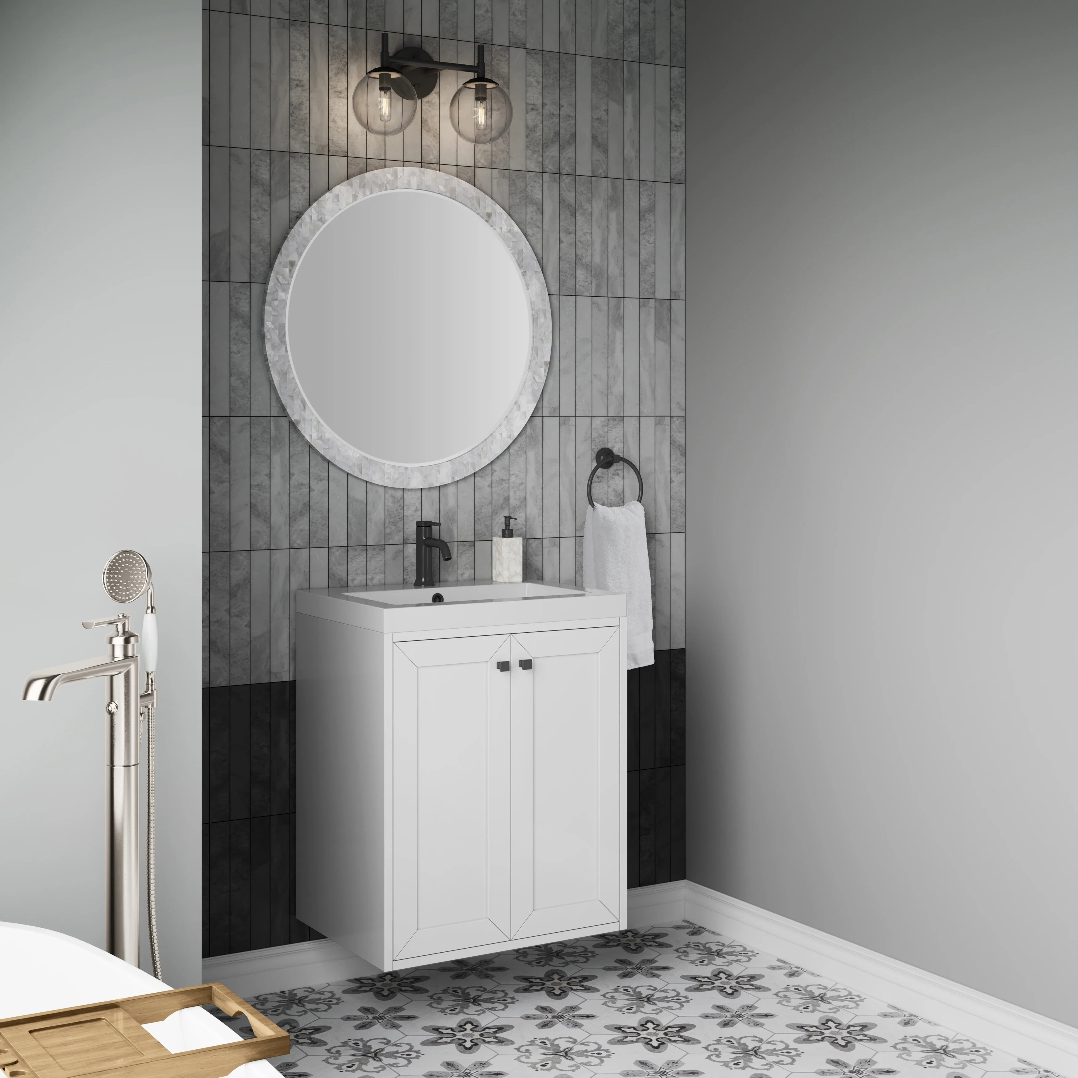Chianti 24" Single Vanity, Glossy White, Matte Black, w/ White Glossy Composite Stone Top