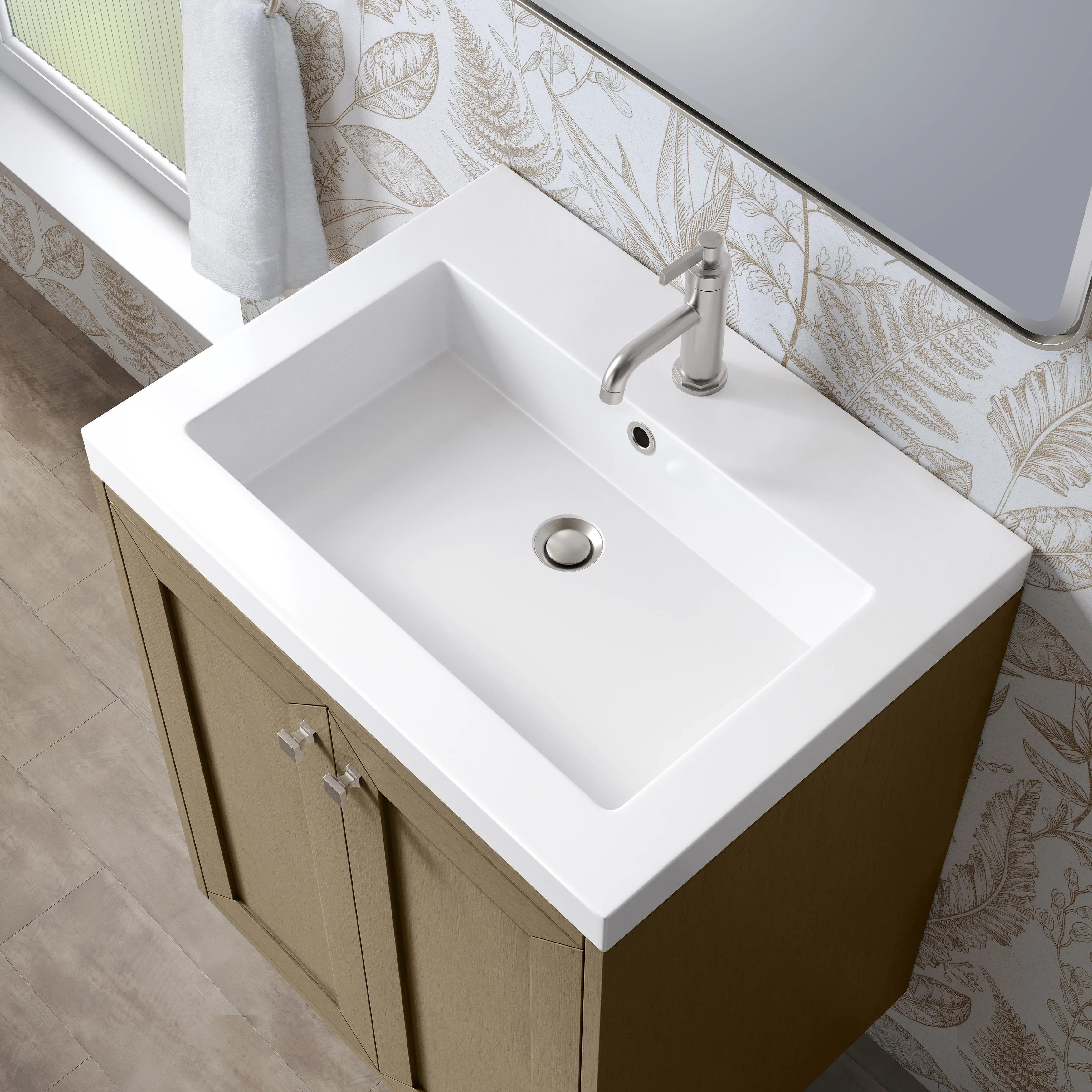 Chianti 24" Single Vanity, Walnut Whisper, Brushed Nickel, w/ White Glossy Composite Stone Top