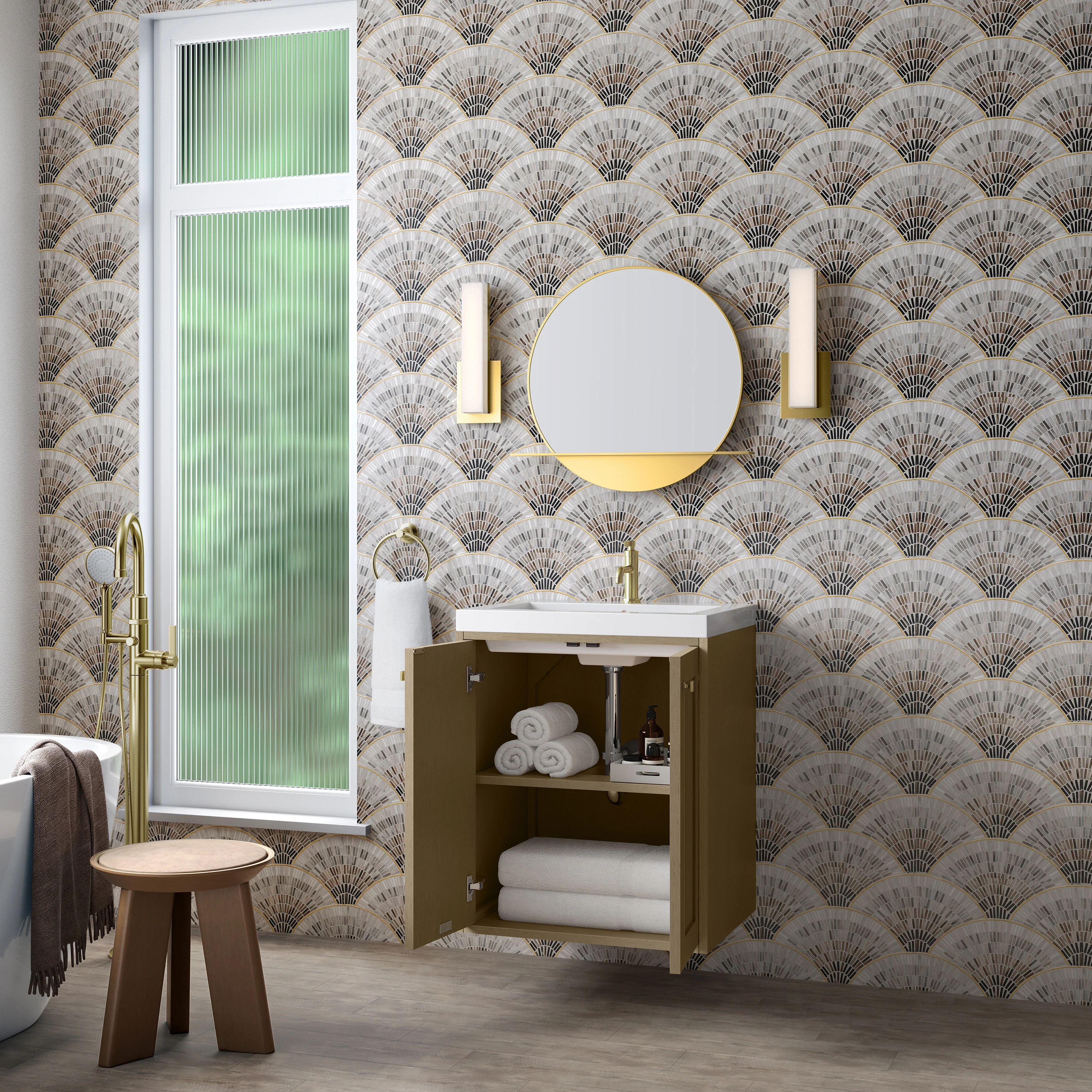 Chianti 24" Single Vanity, Walnut Whisper, Champagne Brass, w/ White Glossy Composite Stone Top