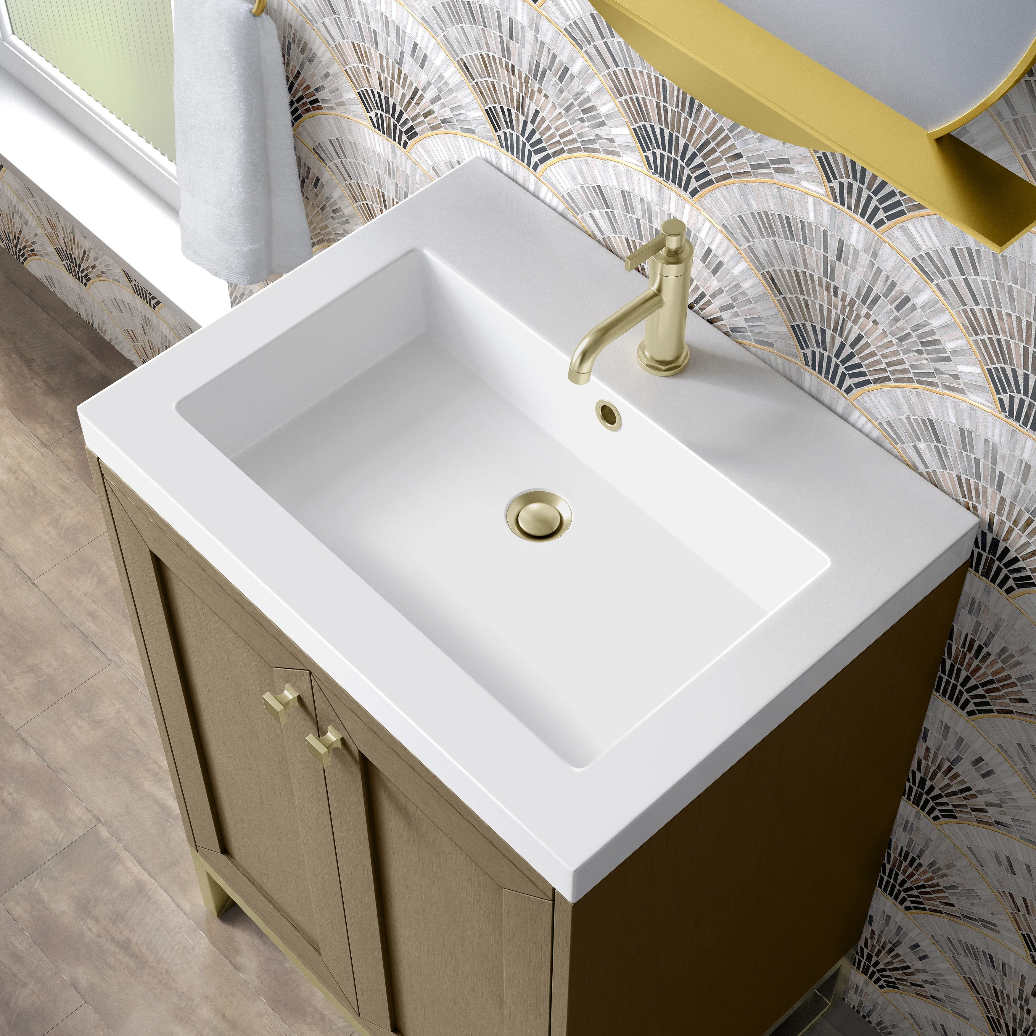 Chianti 24" Single Vanity, Walnut Whisper, Champagne Brass, w/ White Glossy Composite Stone Top